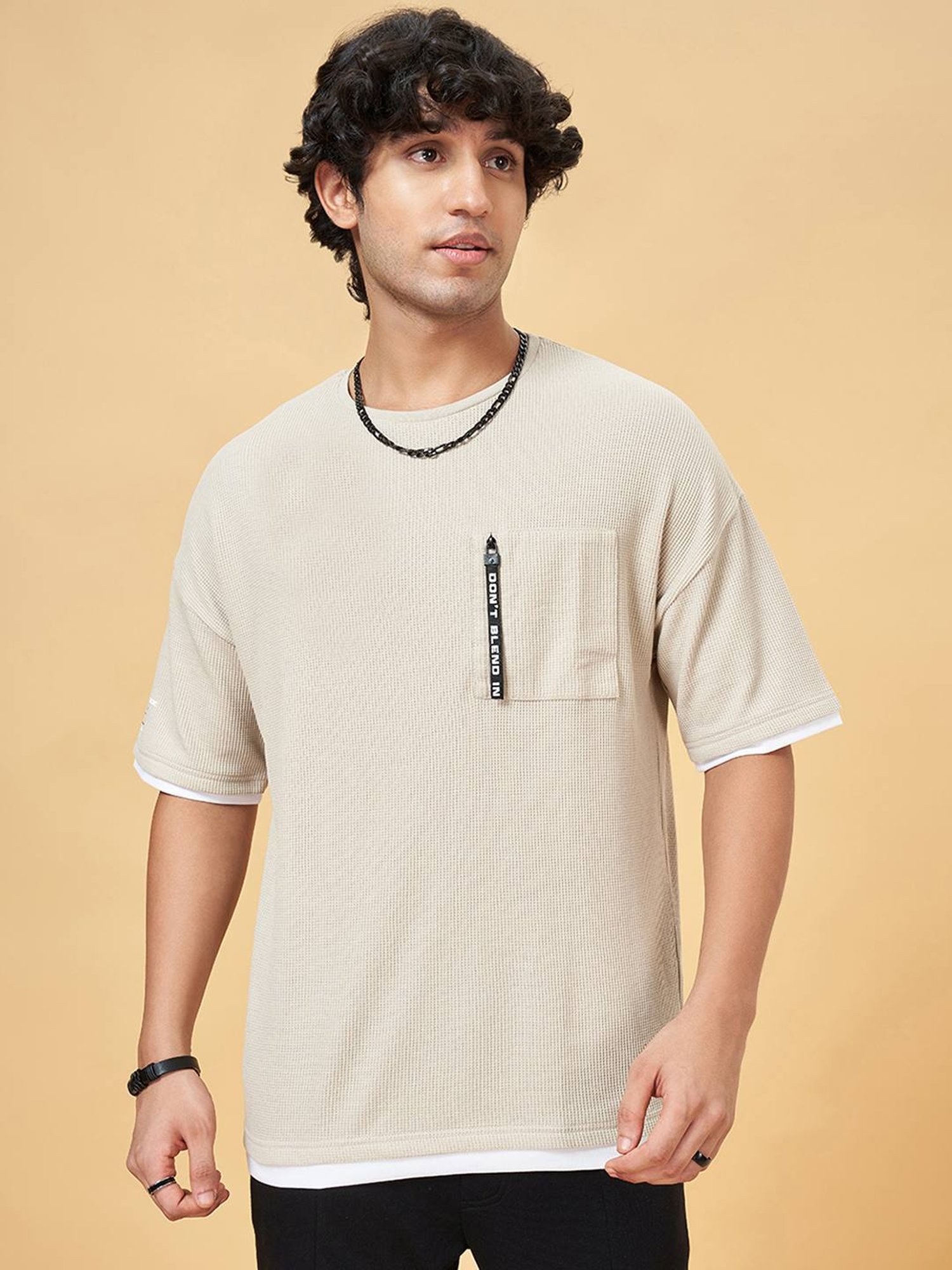 Street 808 By Pantaloons Warm Sand Regular Fit Texture T-Shirt