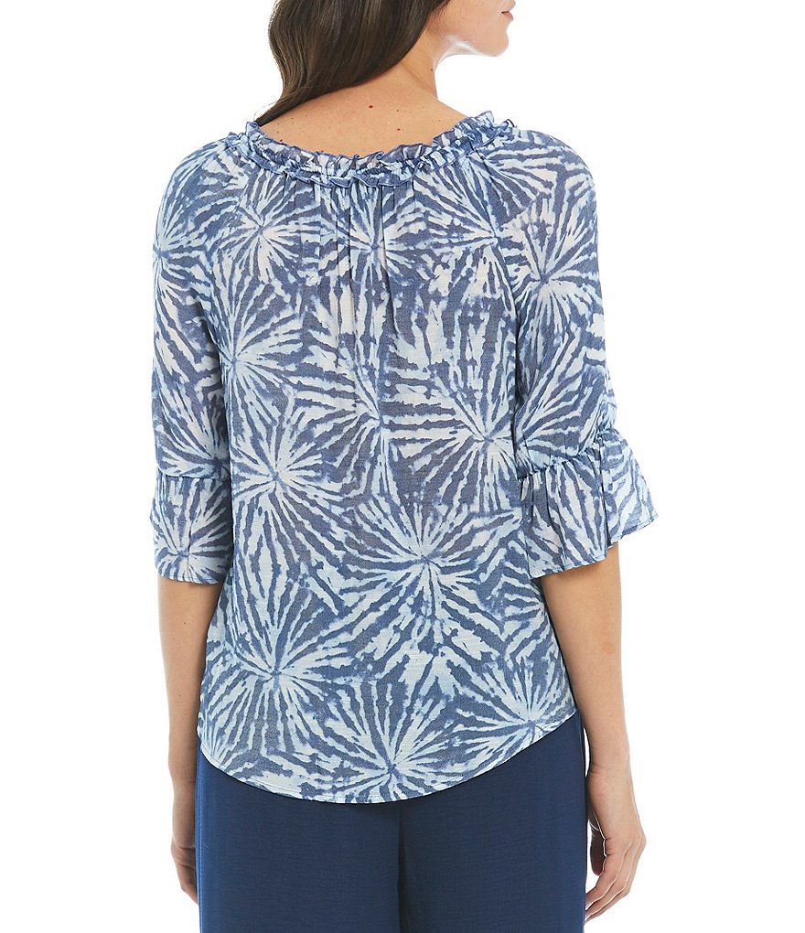 I.N. Studio Petite Size Studio Sunburst Tie Dye Gauzy Texture Ruffle V-Neck Tassel-Tie Detail Short Sleeve Top