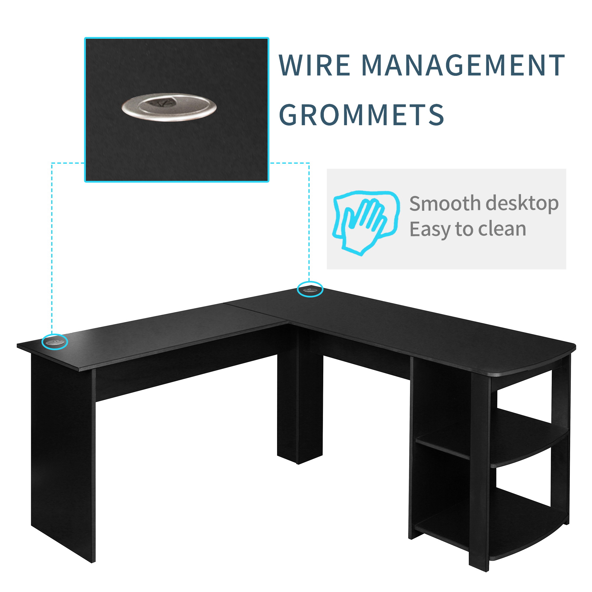 L-Shaped Corner Desk Gaming Desk Home Office Desk Computer Desk Study Workstation Furniture with 2 Open Storage Bookshelves NO Tool Assemble Required(Black)