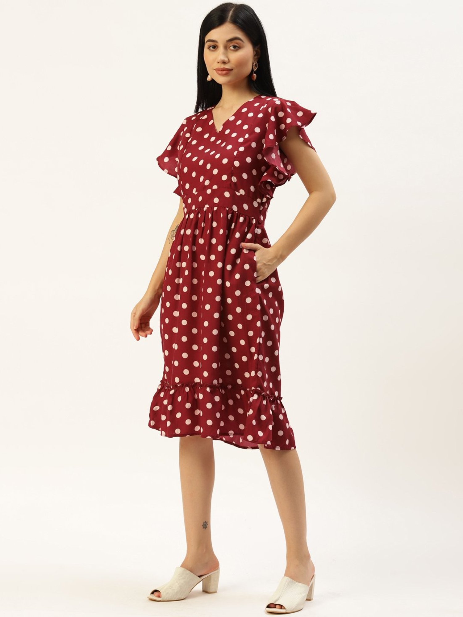 BRINNS Maroon Printed A Line Dress
