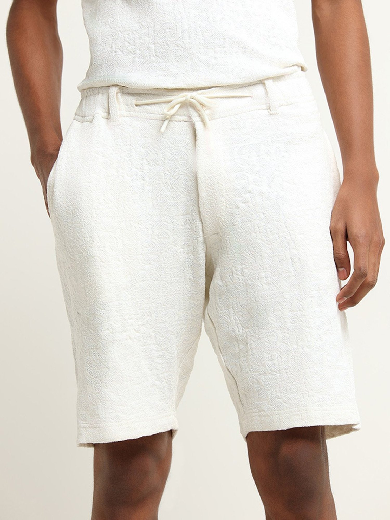 ETA by Westside White Mid-Rise Textured Relaxed Fit Shorts