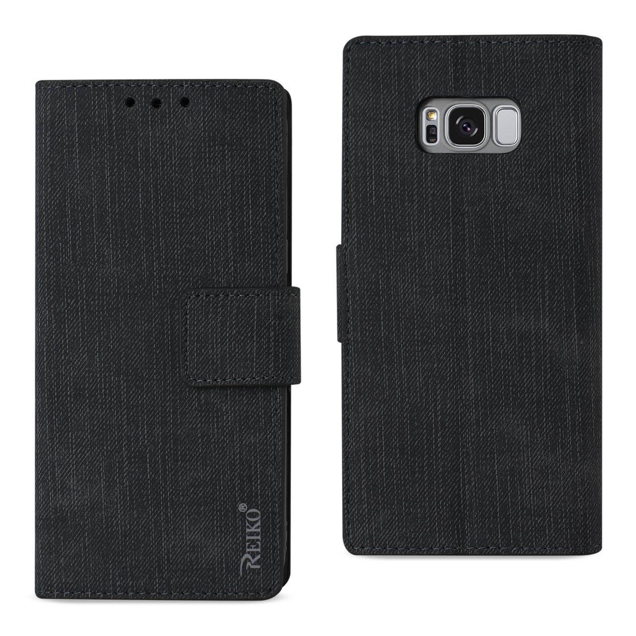 REIKO DENIM WALLET CASE FOR S8 EDGE/ S8 PLUS WITH GUMMY INNER SHELL AND KICKSTAND FUNCTION IN BLACK