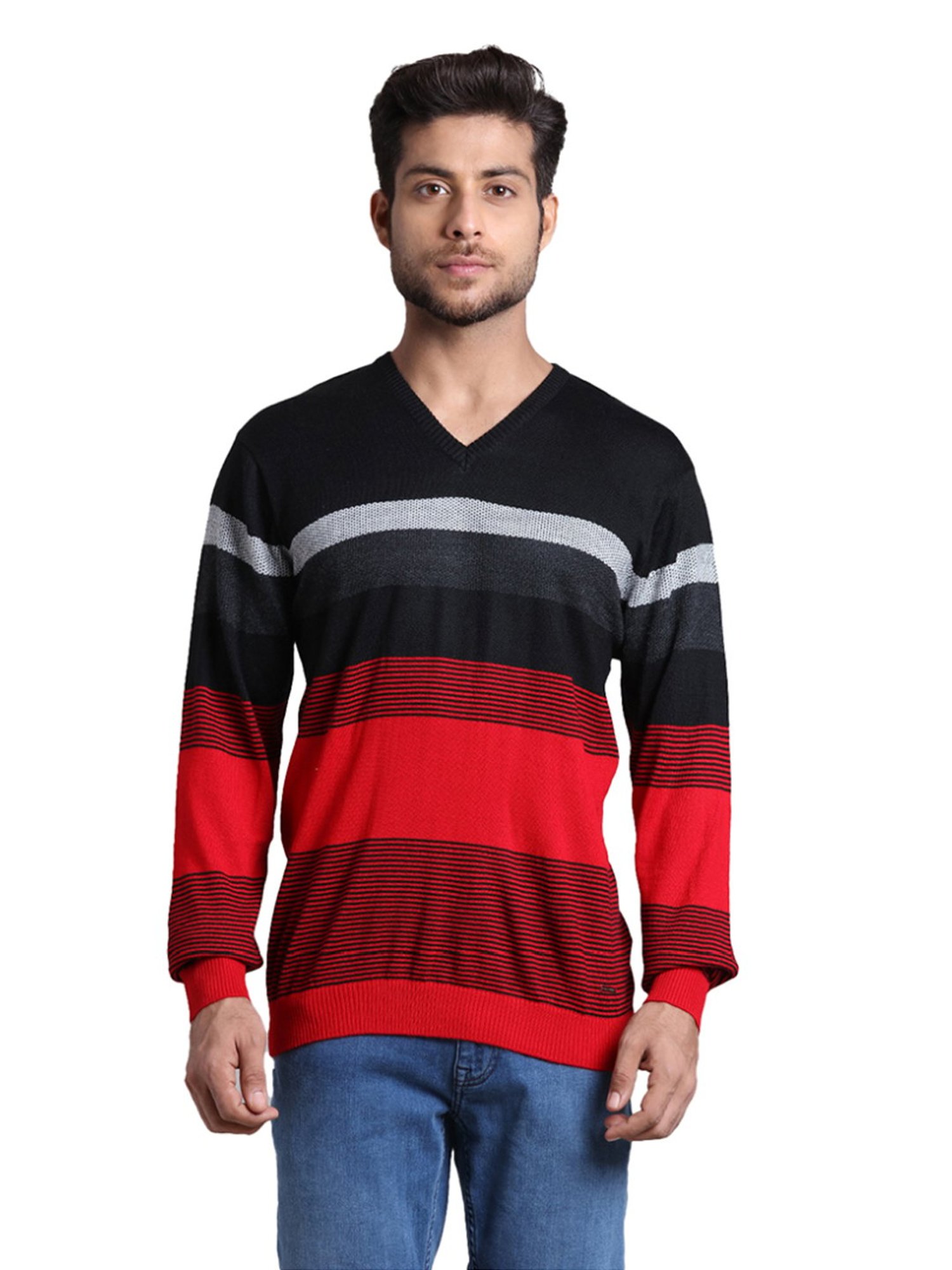 Park Avenue Red & Black Regular Fit Striped Sweater