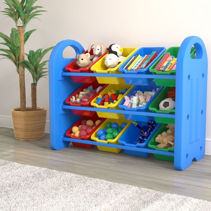 ECR4Kids 3-Tier Toy Storage Organizer for Kids, Blue with 12 Assorted Color Bins