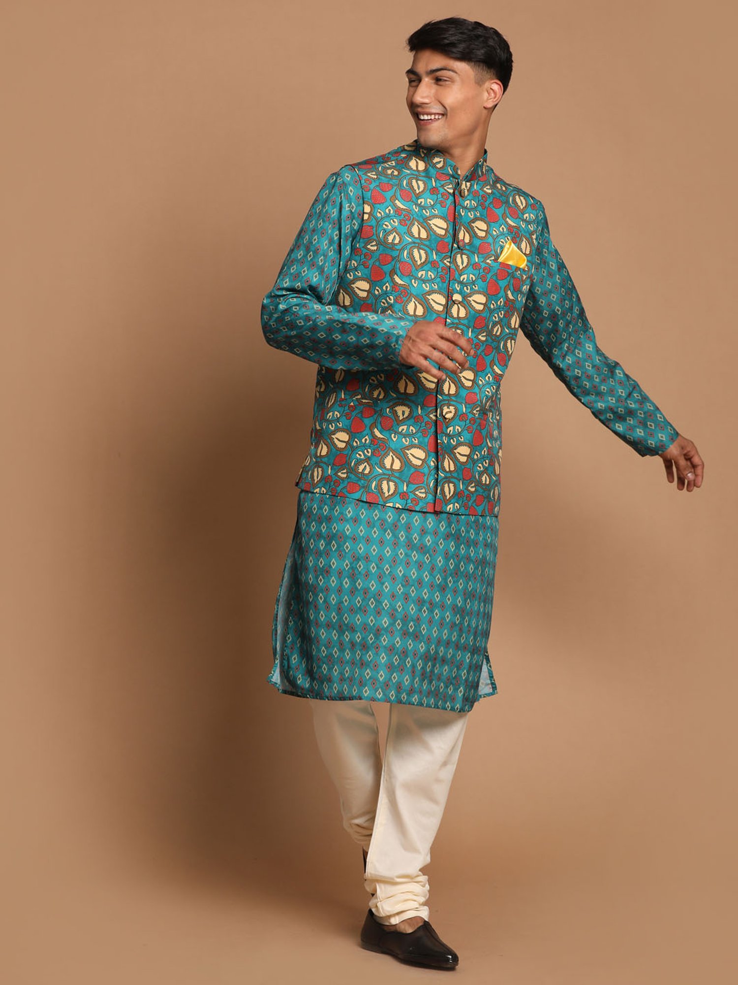 VASTRAMAY Teal Green Regular Fit Printed Nehru Jacket