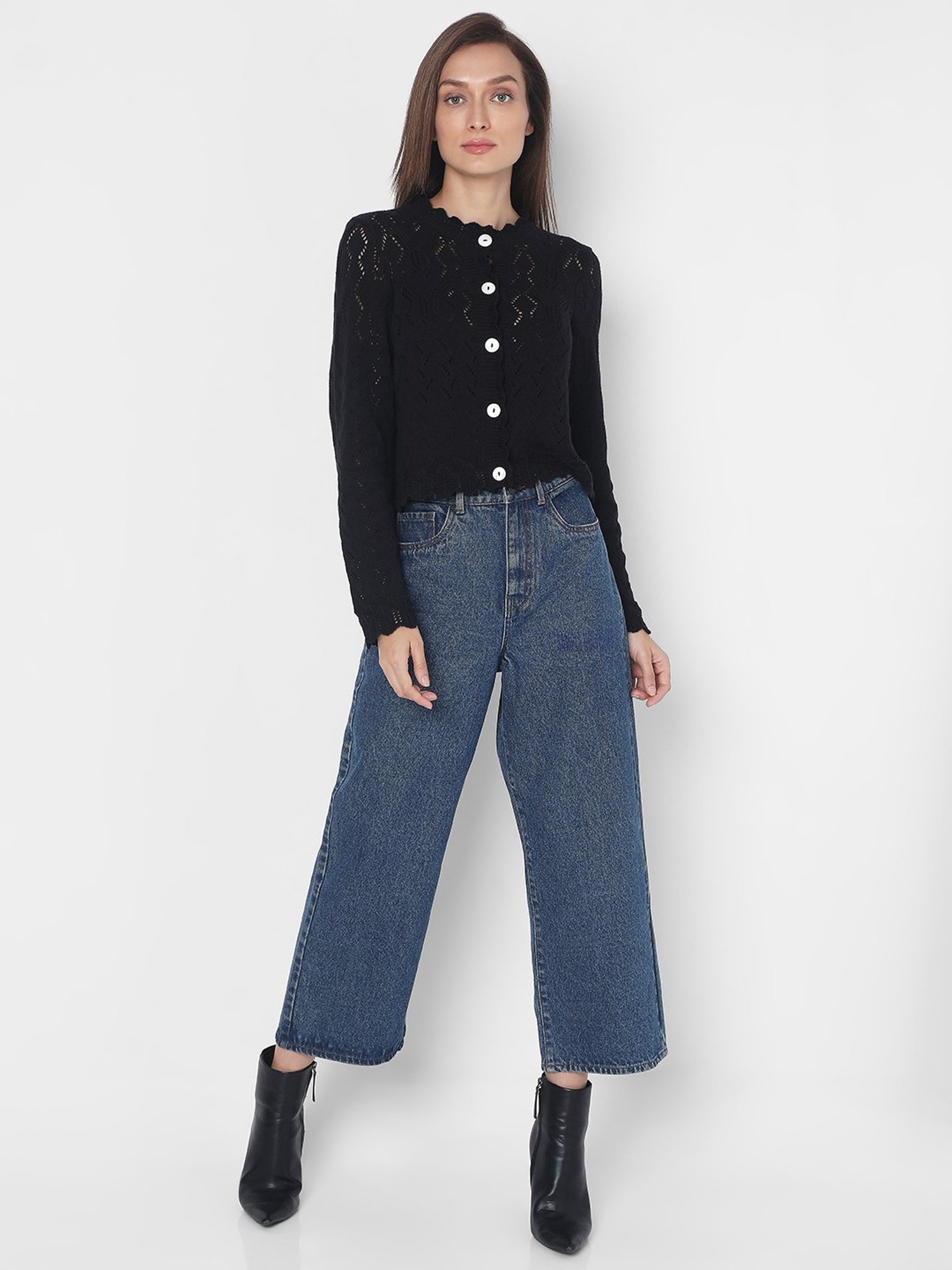 Vero Moda Black Cotton Self Design Cardigan