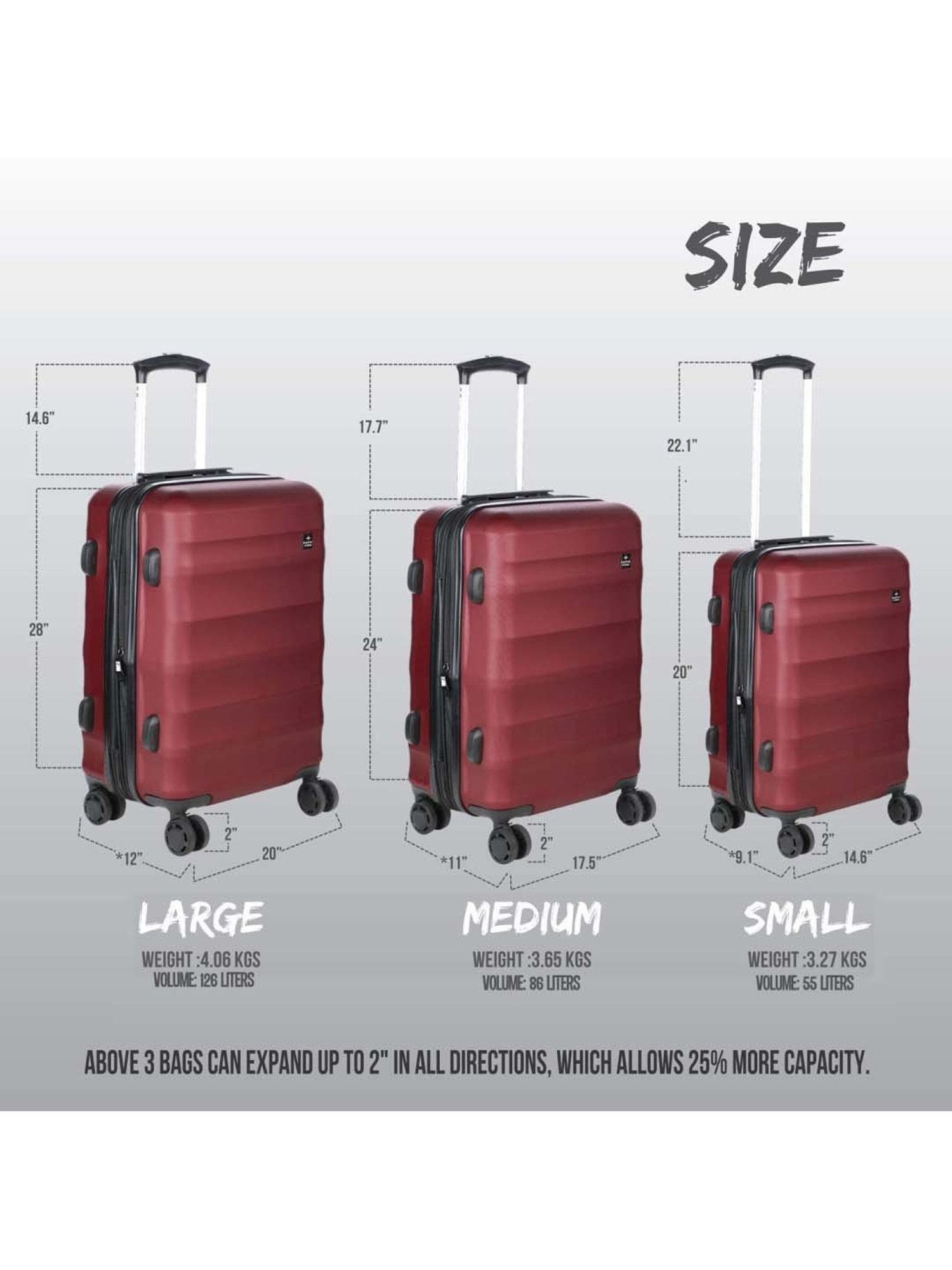 Nasher Miles Rome Hard-Sided Polycarbonate  Set of 3 Maroon Trolley Bags (55, 65 & 75 Cm)