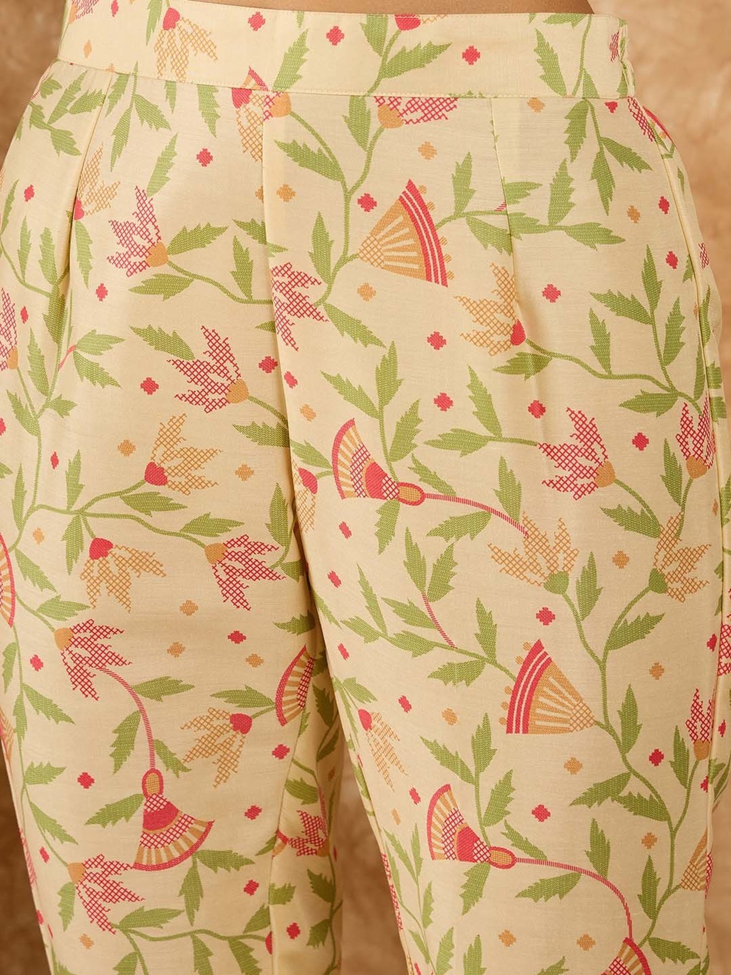 Ziyaa Beige Printed Kurta With Pant & Dupatta