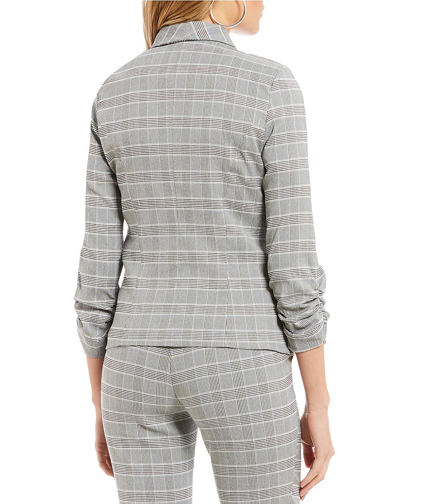 Takara Ruched-Sleeve Coordinating Menswear Plaid Blazer