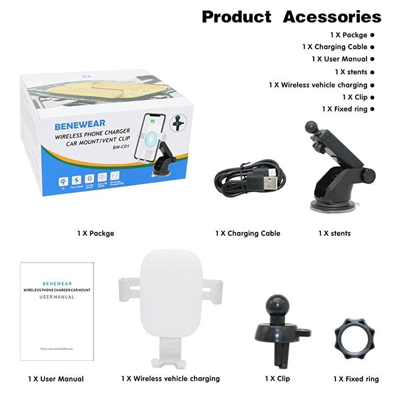 Car Charger Mount QI Fast Charging Auto Clamping Phone Holder Air Vent Compatible with Samsung Galaxy S10 S9 S8 S7 Edge Note 8 5 + iPhone X Xs Max 8 Plus