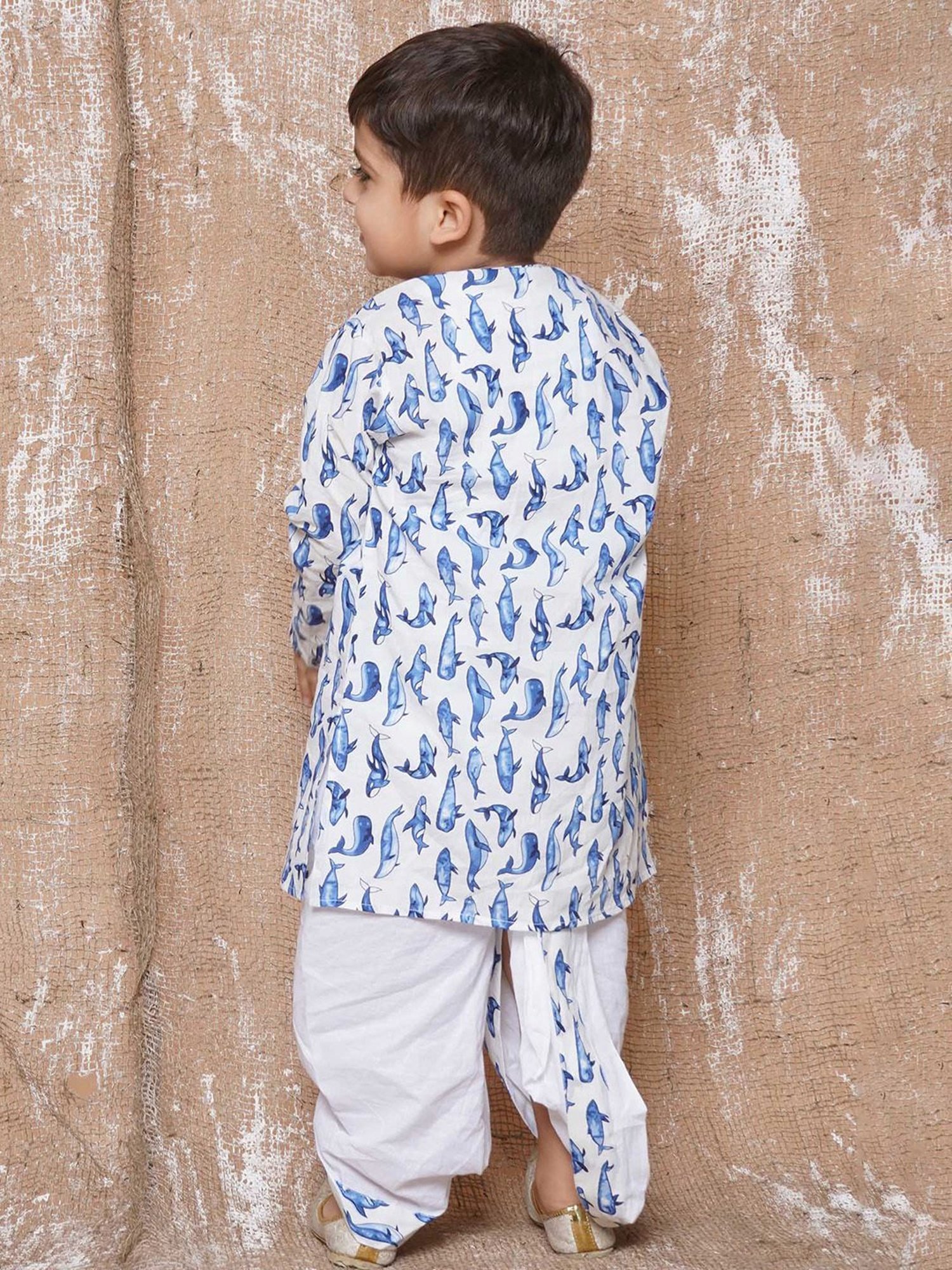 AJ Dezines Kids White & Blue Printed Full Sleeves Kurta with Dhoti