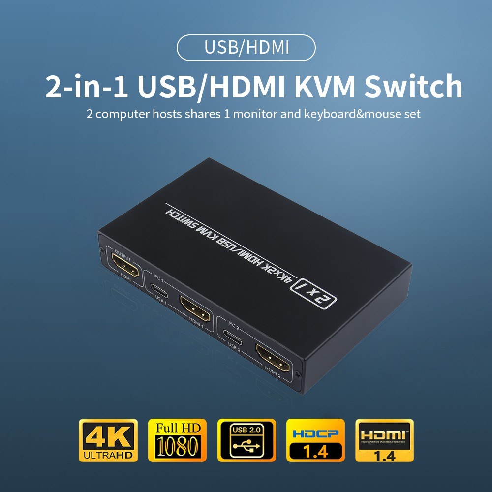 AM-KVM 201CL 2-in-1 HDMI/USB KVM Switch Support HD 2K*4K 2 Hosts Share 1 Monitor/Keyboard& Mouse Set