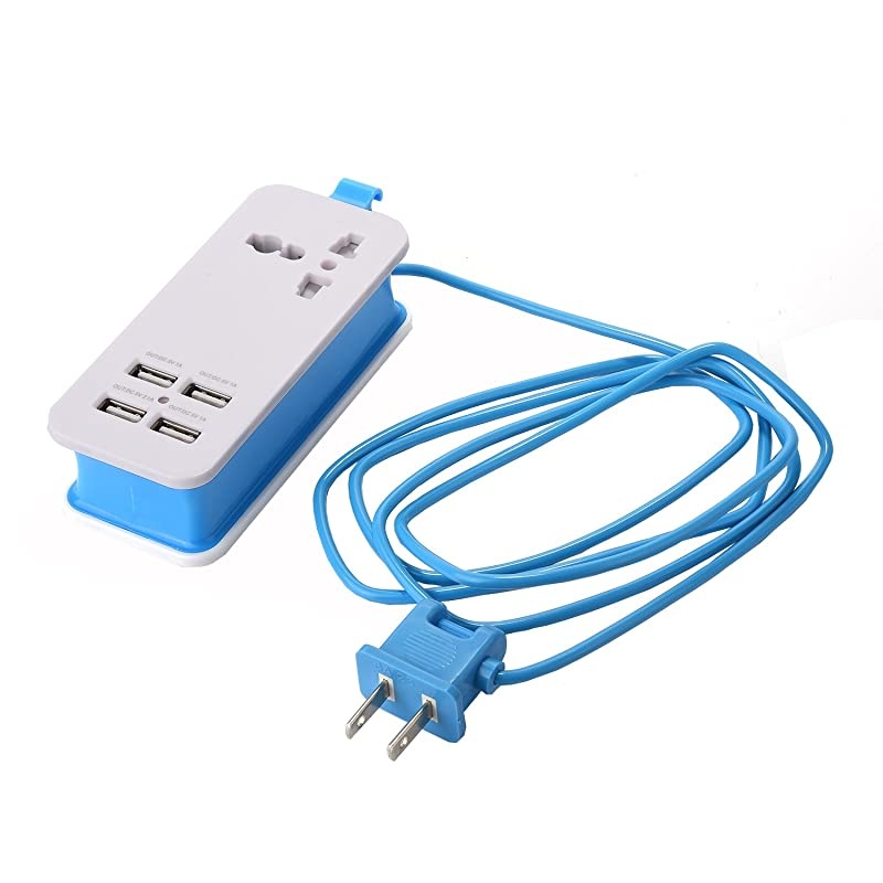 USB Power Strip, 4 Port USB Charger Station 5V 2.1A-1A 21W Travel Charging Strip Outlets 5ft Extension Power Supply Cord with Universal Flat Wall Plug 100V-240V Input USB Power Sockets (Blue)