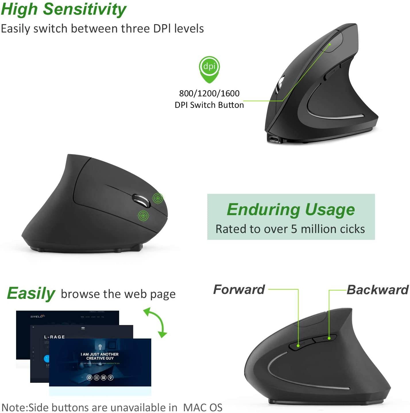 Rechargeable Ergonomic Wireless Mouse, 2.4G USB Optical Vertical Mouse with 3 Adjustable DPI 800/1200/1600 Levels 6 Buttons for Computer, Laptop, PC, MacBook- Black