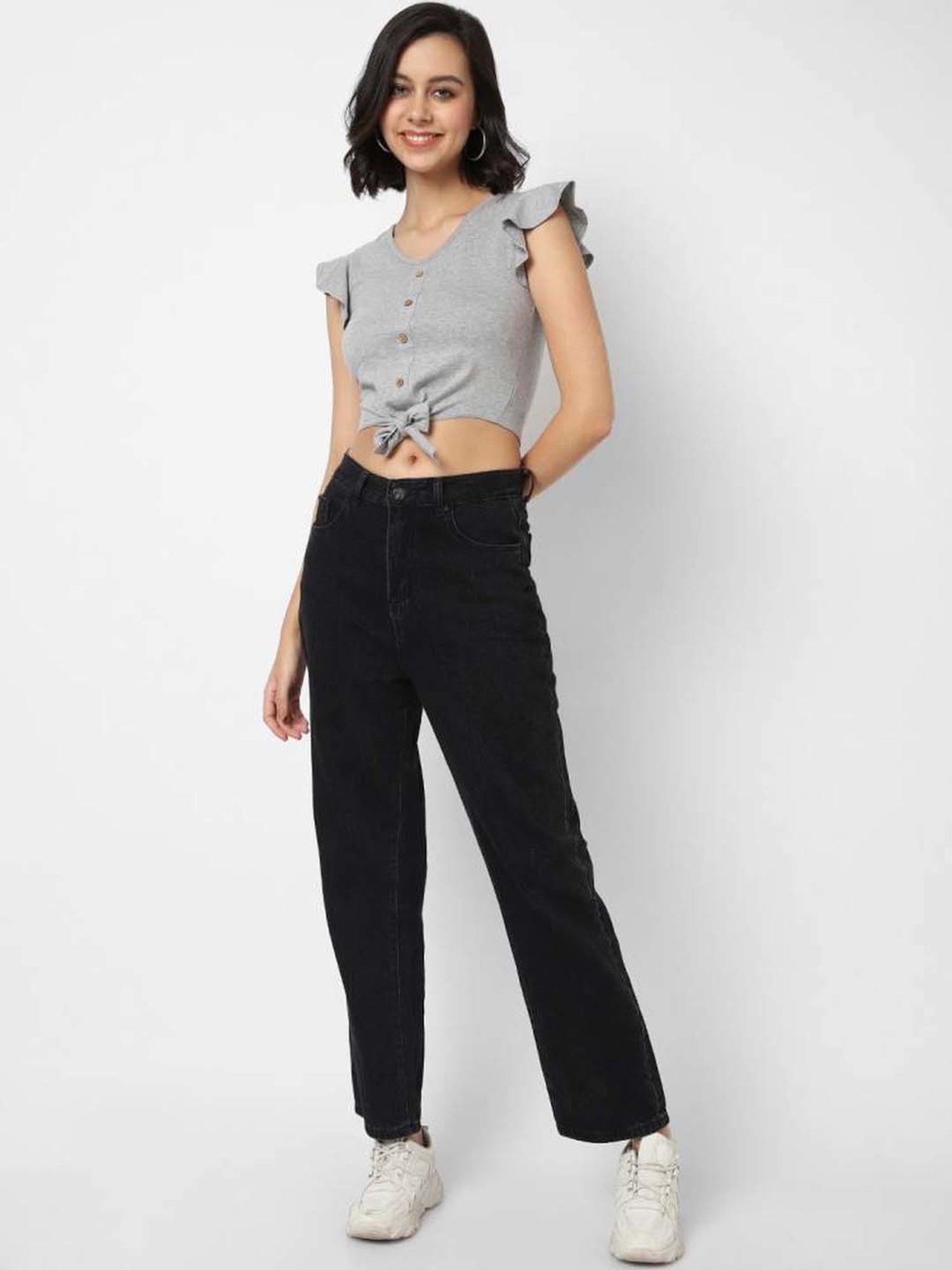 VASTRADO Grey Cotton V Neck Crop Top