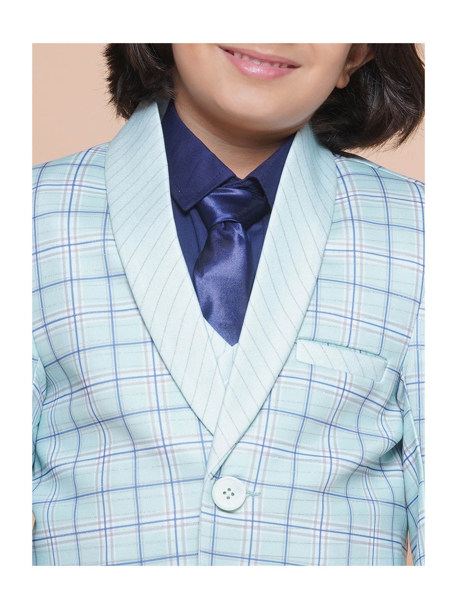 AJ Dezines Kids Sky Blue Checks Full Sleeves Shirt, Pants, Coat, Waistcoat with Tie