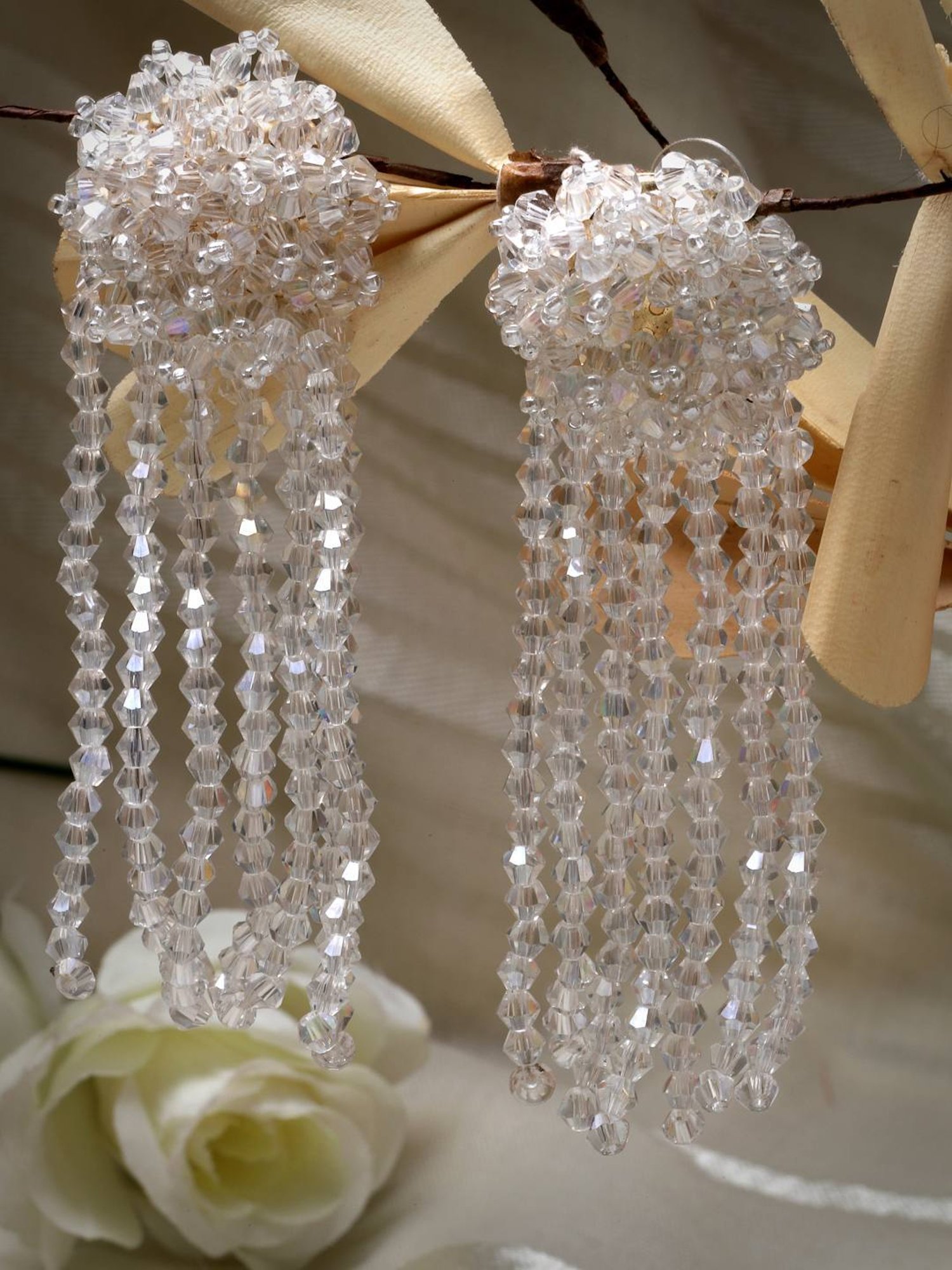 Moedbuille Crystals Floral Contemporary Design Layered Tasselled Earrings