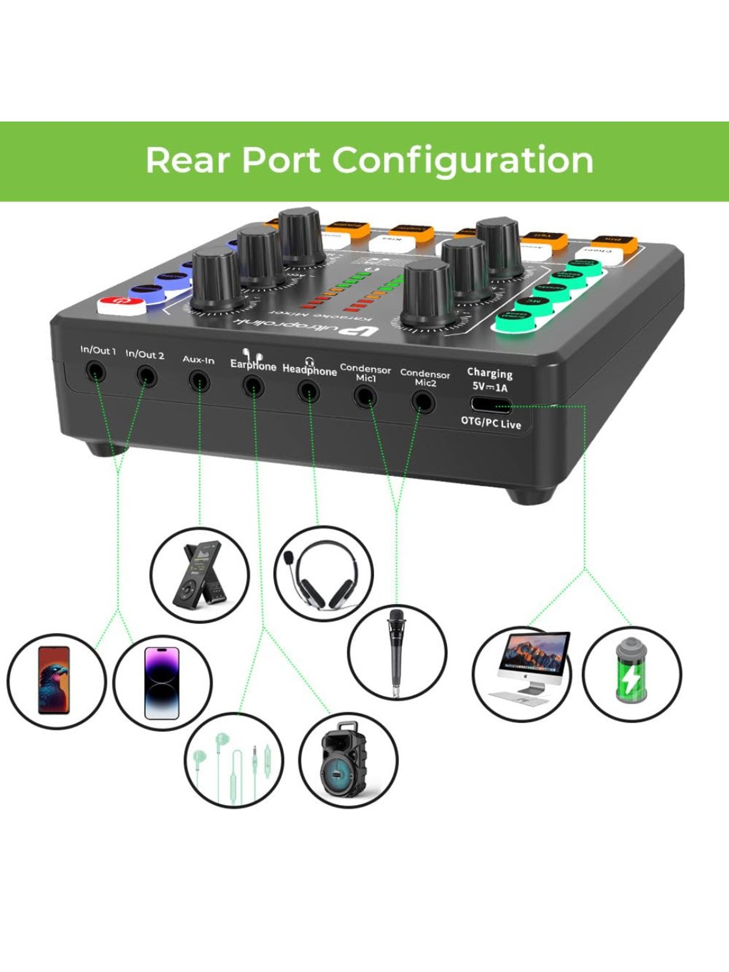 UltraProlink UM1002 Sing Along Pro Portable Bluetooth Audio Mixer Interface, Sound Card for Karaoke