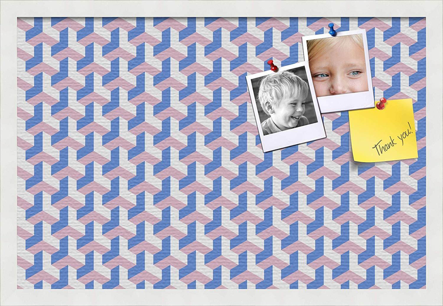 PinPix custom printed pin cork bulletin board made from canvas, Baus Blue Pink 24x16 Inches (Completed Size) and framed in Satin White Frame (PinPix-Group-65)