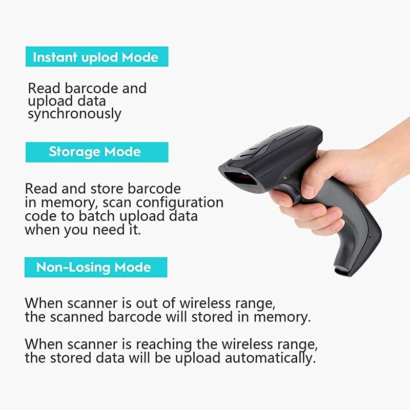 Wireless Barcode Scanner with Cradle, 2D Cordless Bar Code Reader 400m Transmission Distance CMOS Imager Read 1D, 2D, QR Code, Data Matrix, PDF417 for Windows Mac Linux