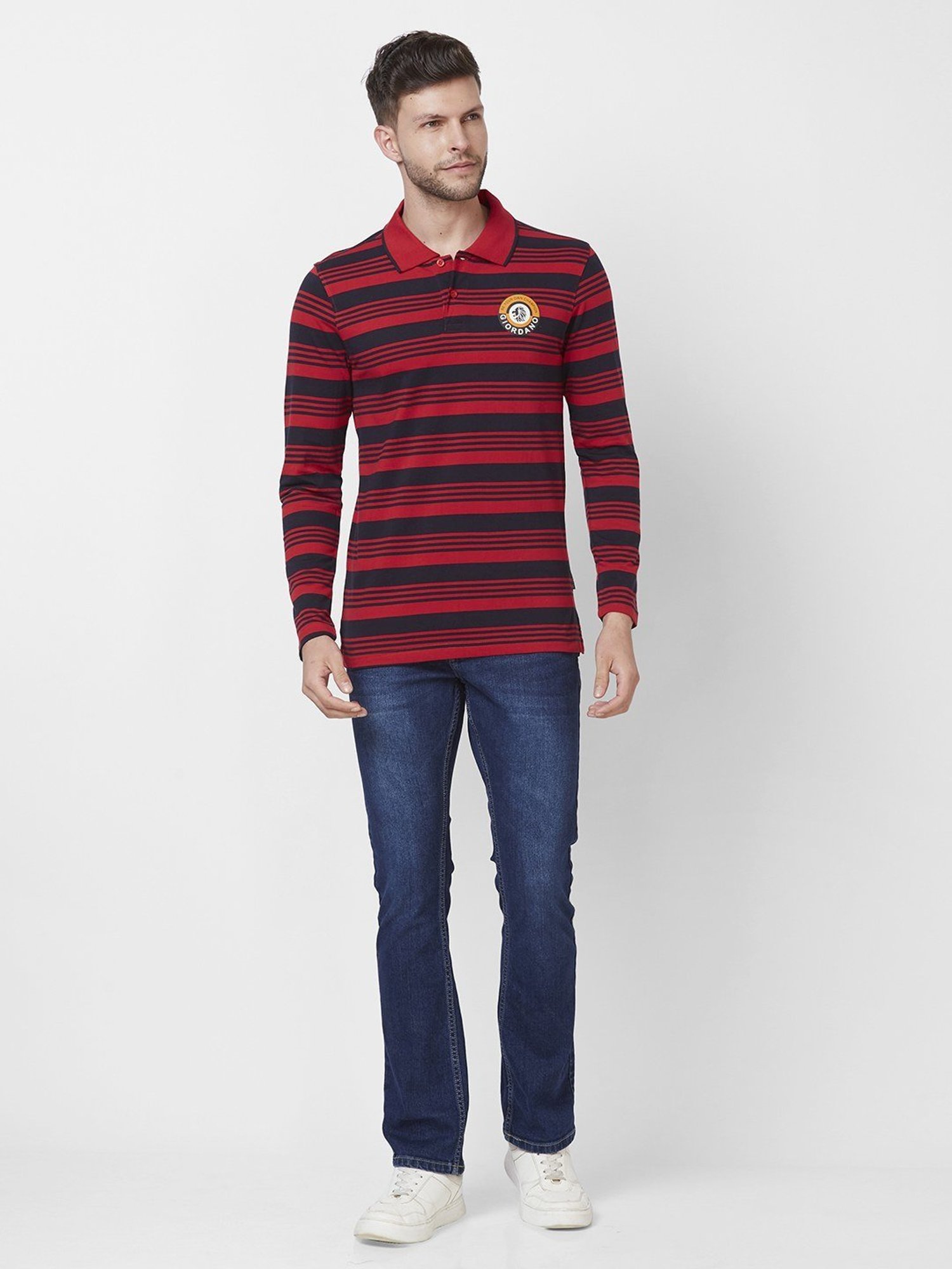 Giordano Red Cotton Slim Fit Striped Polo T-Shirt