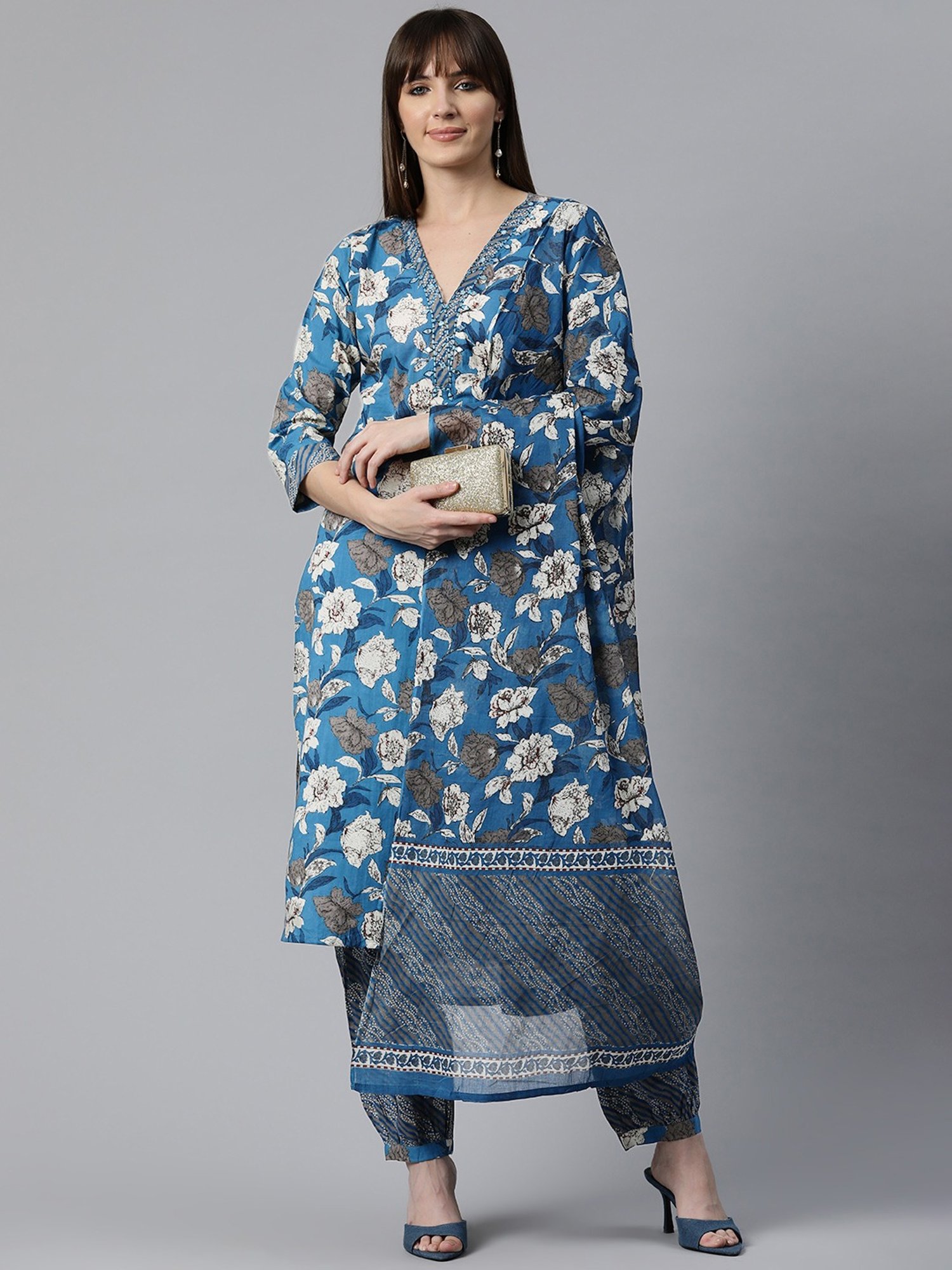 READIPRINT FASHIONS Blue Cotton Floral Print Kurta Salwaar Set With Dupatta