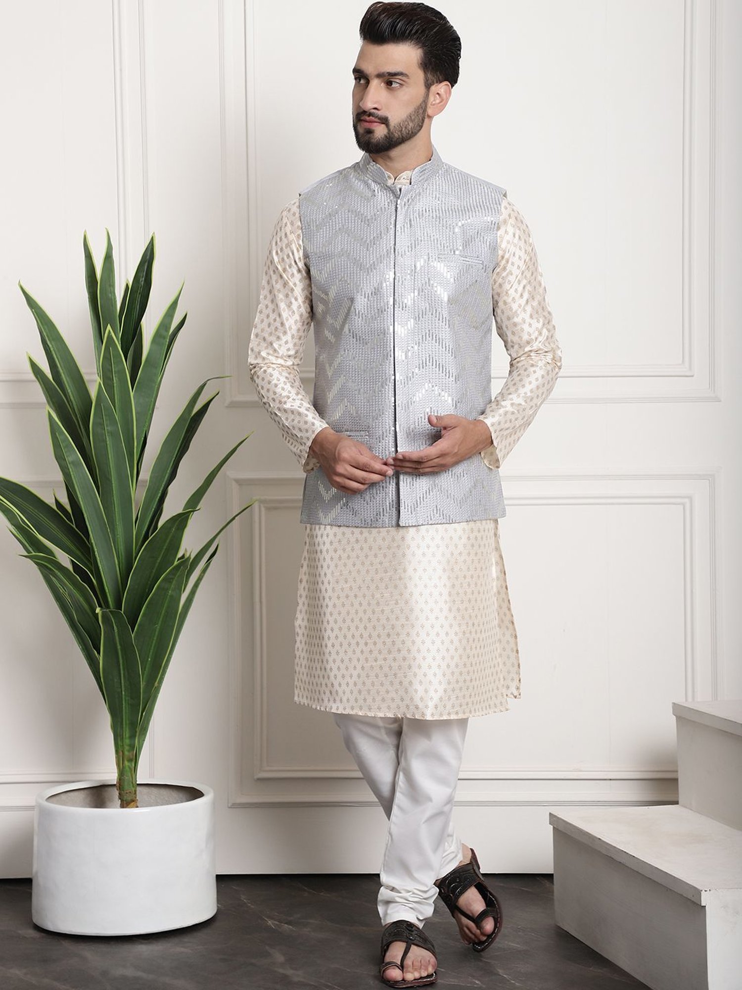 Sojanya Grey Regular Fit Embroidered Nehru Jacket