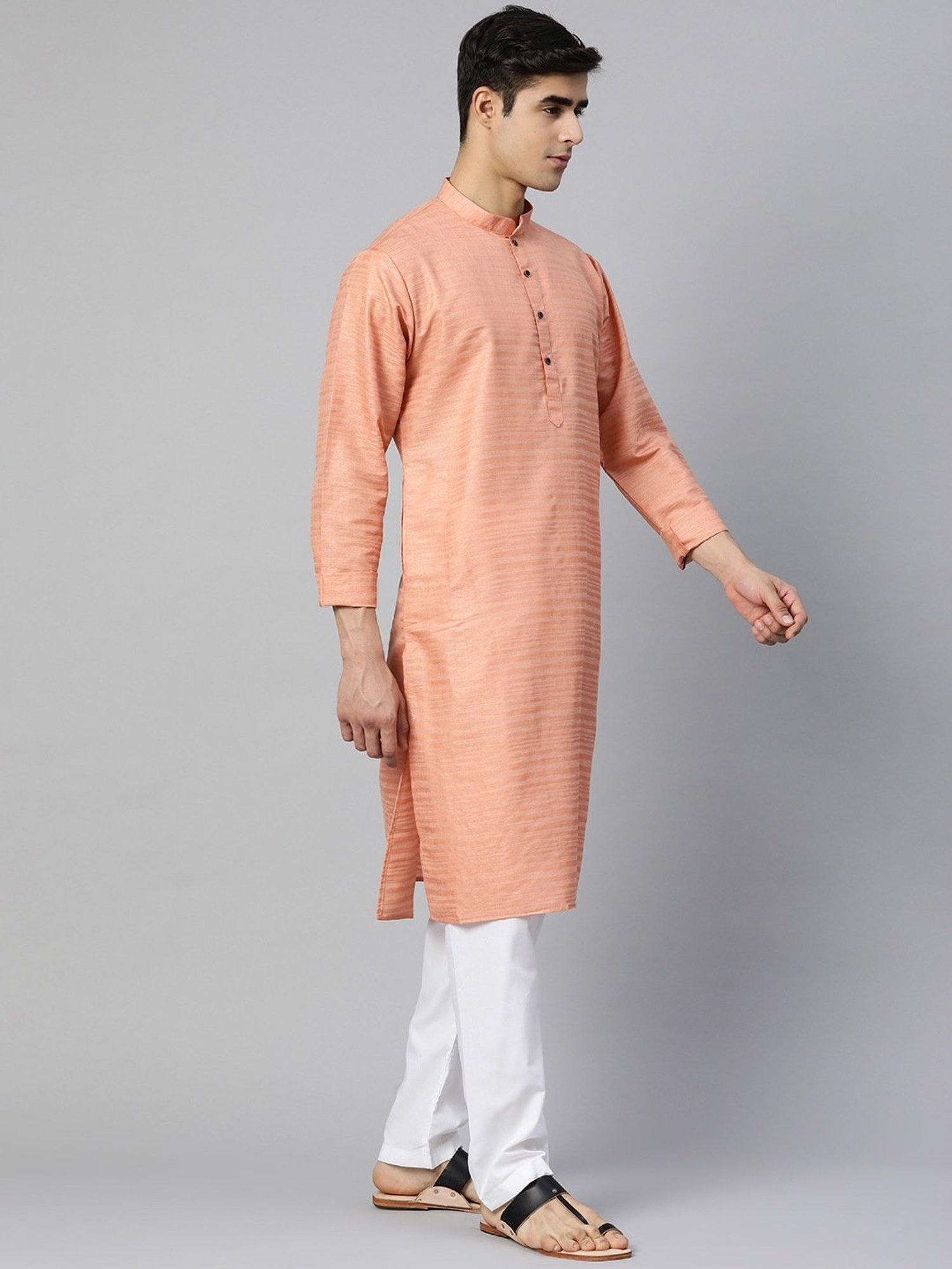 ManQ Peach & White Regular Fit Self Pattern Kurta Bottom Set
