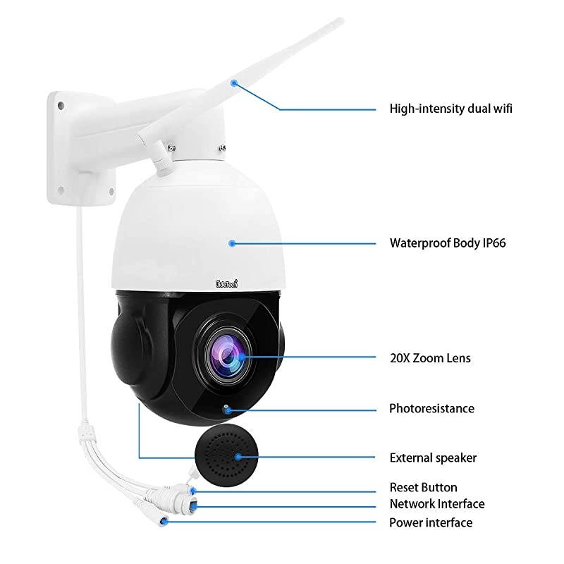 PTZ WiFi Security Camera Outdoor, 20x Zoom Smart Surveillance IP Camera, 1000ft View Distance/SDM Array IR Night Vision/Detection Alarm / 2-Way Audio/SD Card Slot/ONVIF/ IP66 Waterproof