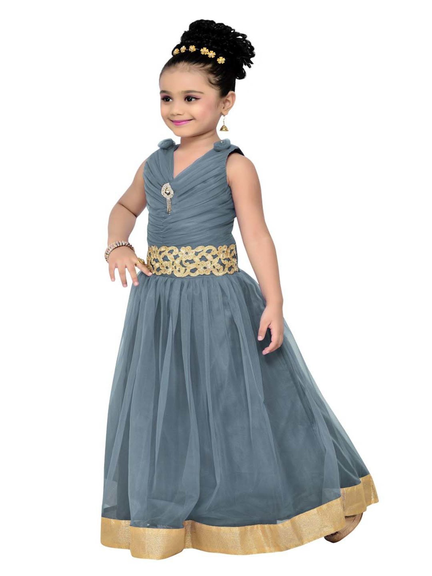 AJ Dezines Kids Grey Zari Work Gown