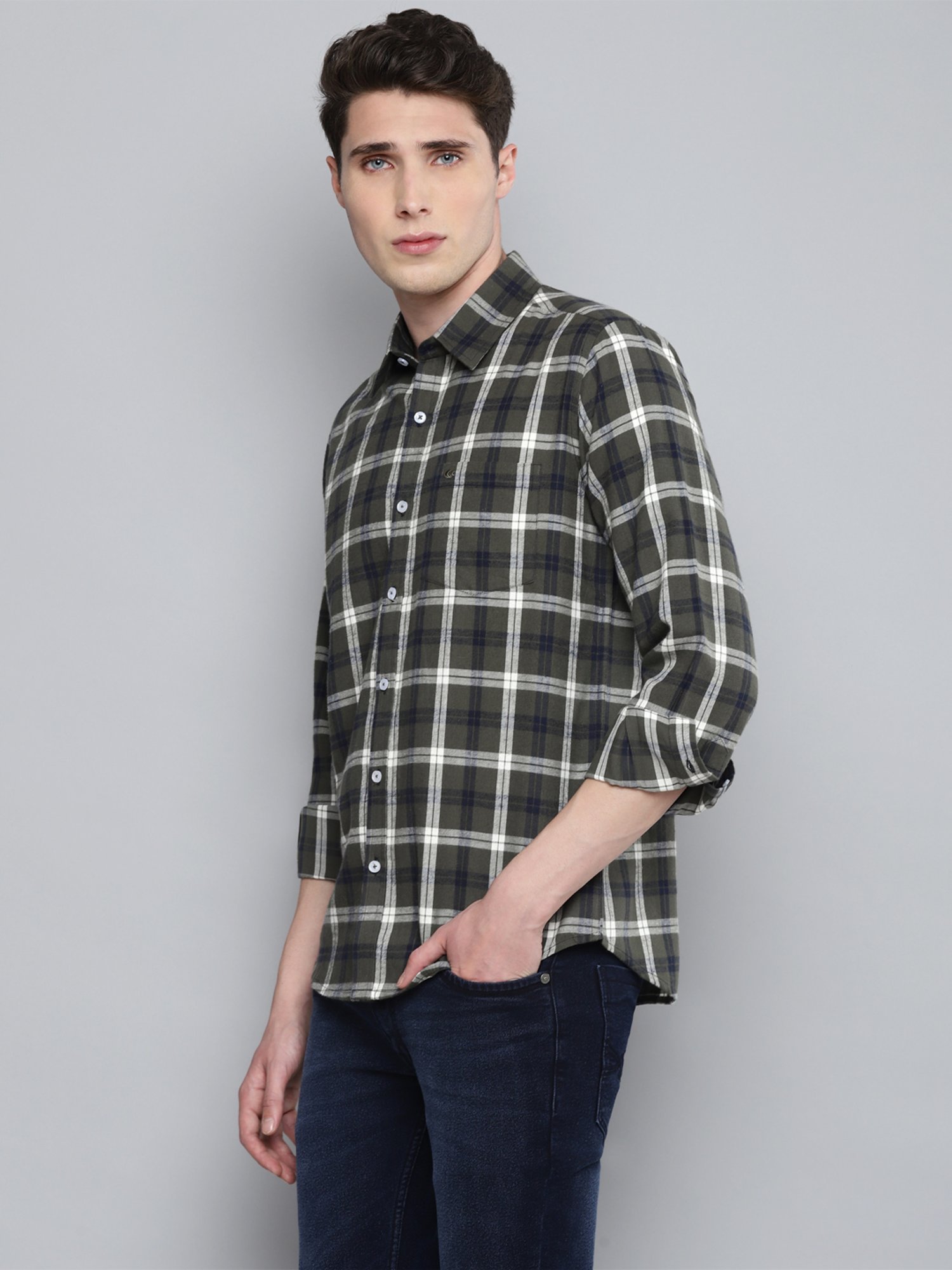 Allen cooper Olive Regular Fit Checks Shirt