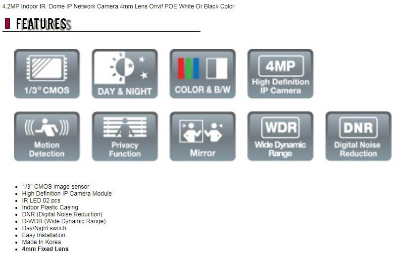 Eyemax 4.2MP Indoor IR Dome IP Network Camera 4mm Lens Onvif POE White Color