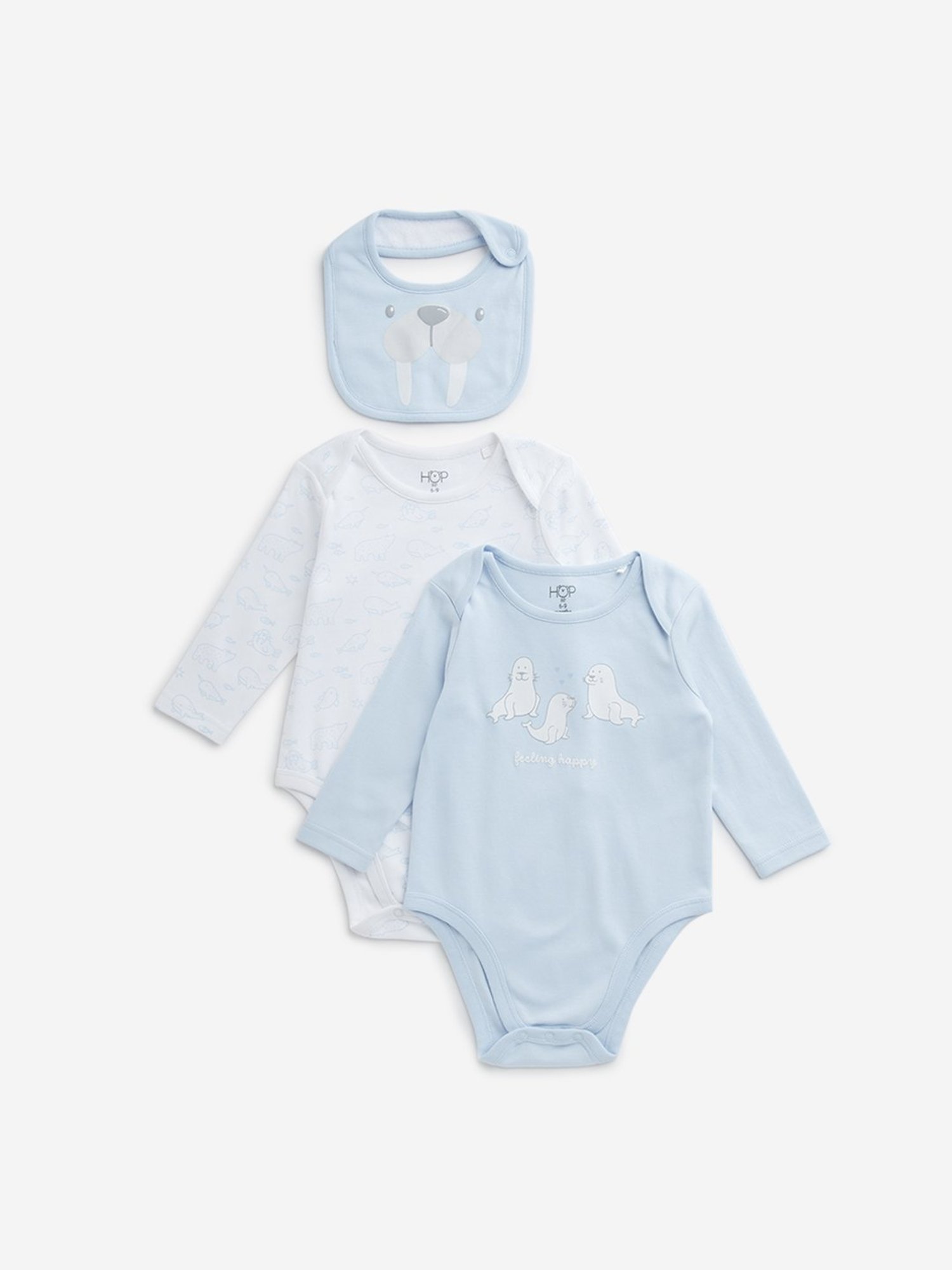 HOP Baby by Westside Light Blue Print Cotton Rompers & Bib - Pack of 2