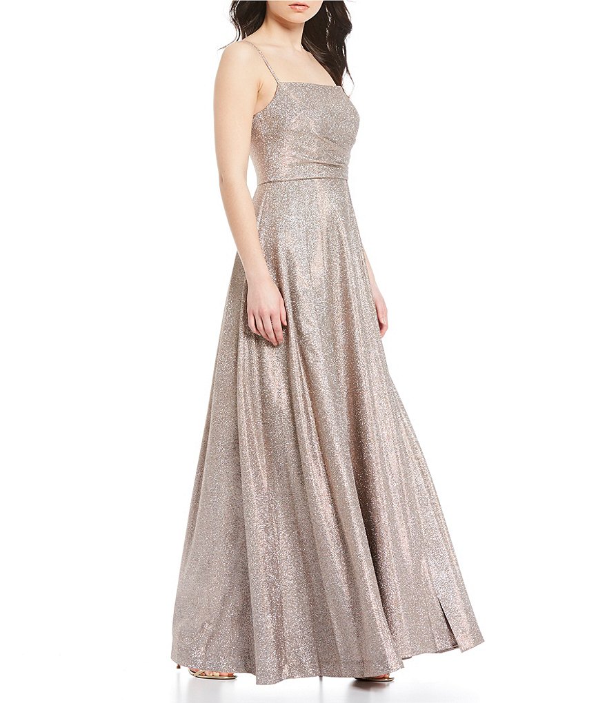 Morgan & Co. Spaghetti Strap Pleated Shimmer Ball Gown
