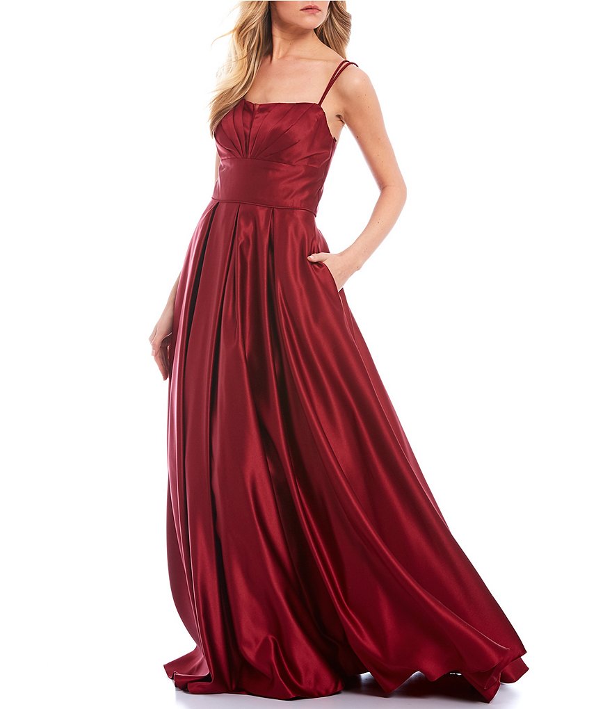Blondie Nites Double Spaghetti Strap Square-Neck Satin Ball Gown