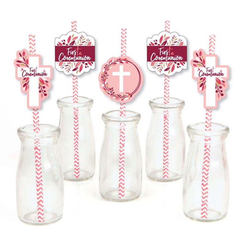 Big Dot of Happiness First Communion Pink Elegant Cross - Paper Straw Decor - Girl Religious Party Striped Decorative Straws - Set of 24