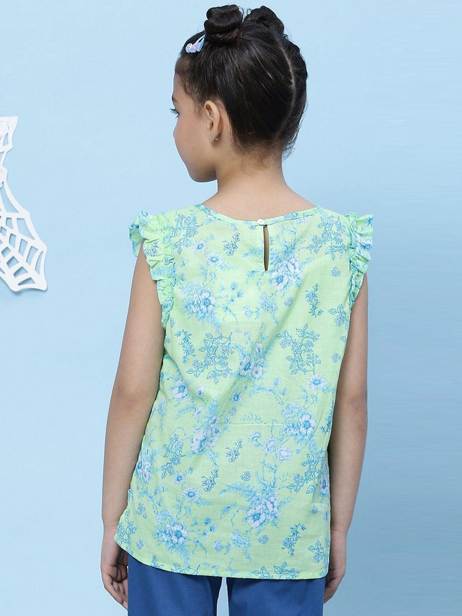 BIBA Girls Apple Green Cotton Floral Print Top