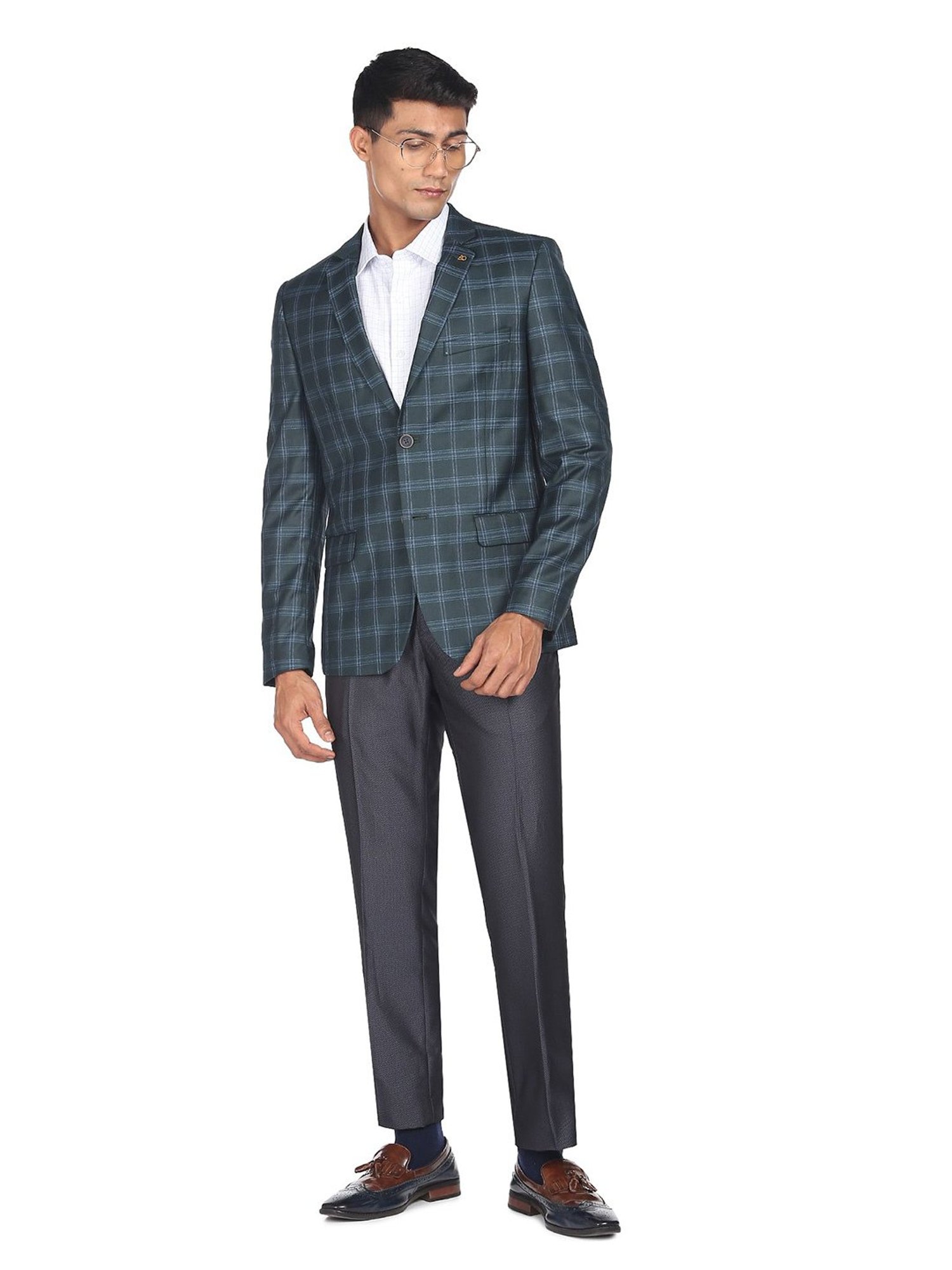 AD by Arvind Green Regular Fit Notch Lapel Check Blazer