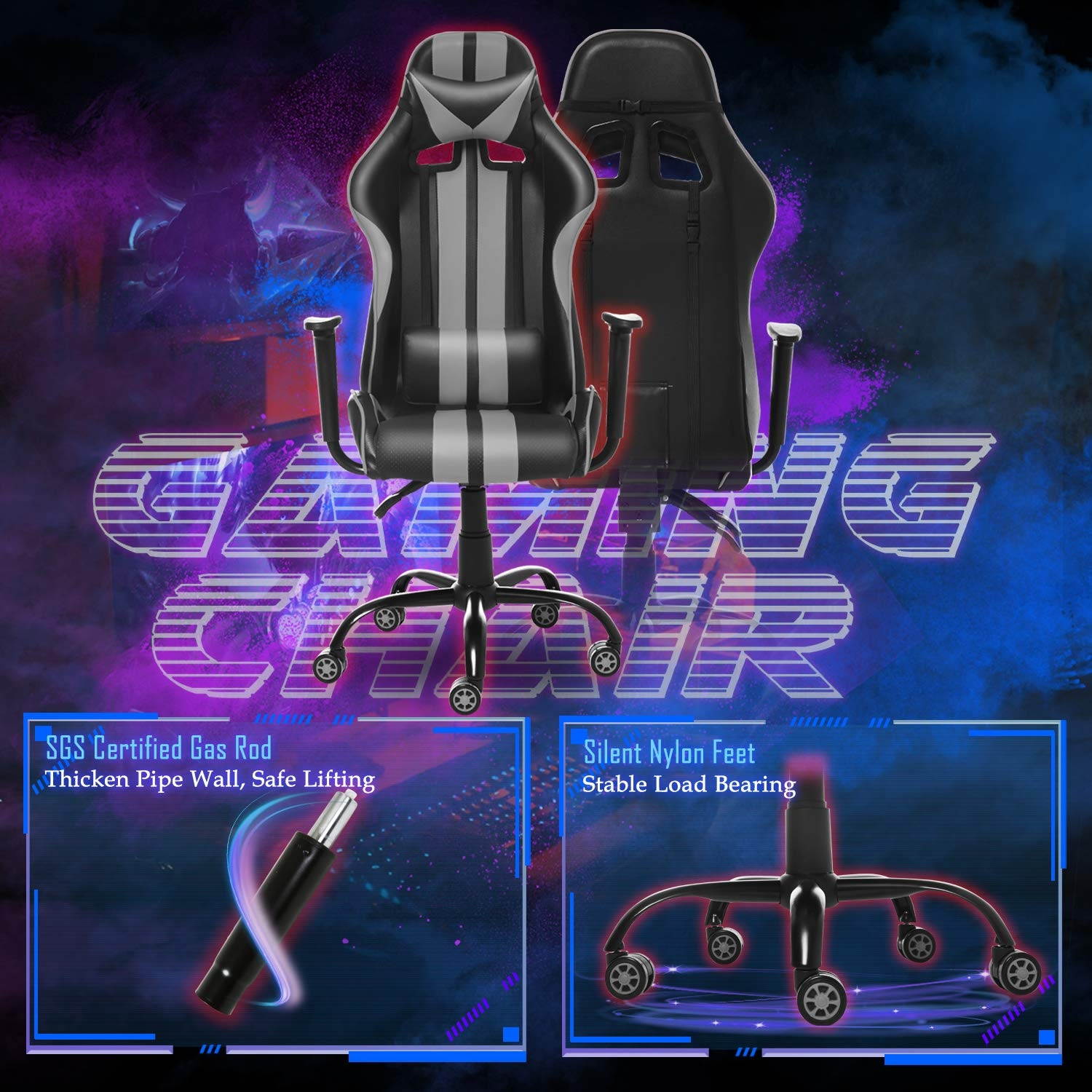 Gaming Chair,Massage Computer Chair,Video Game Chairs,Racing Chair for Gaming with Backrest and Seat Height Adjustable for Adults Teens Gifts(Flash Gray)