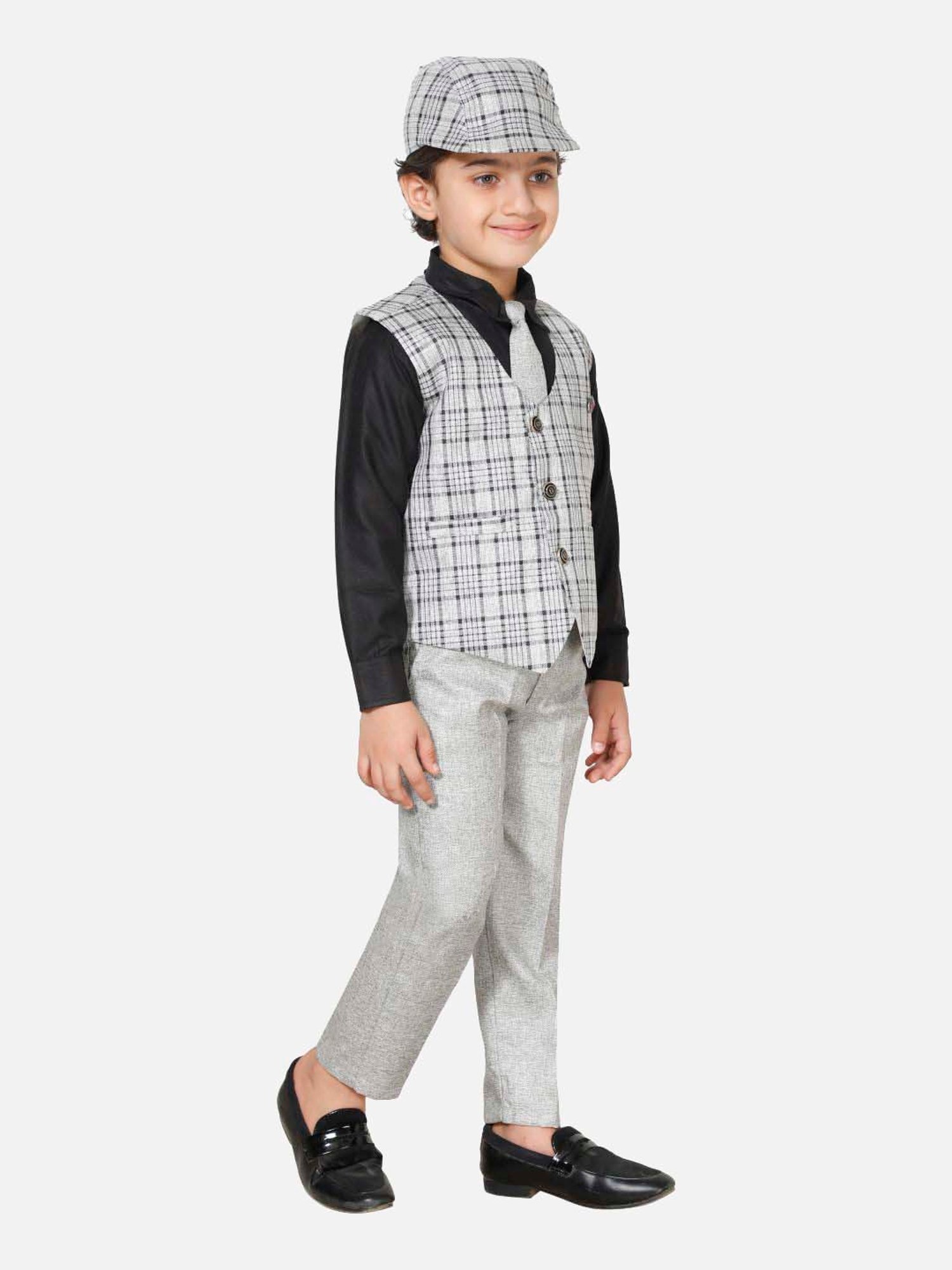 Fourfolds Boys Grey Checks Full Sleeves Clothing Set