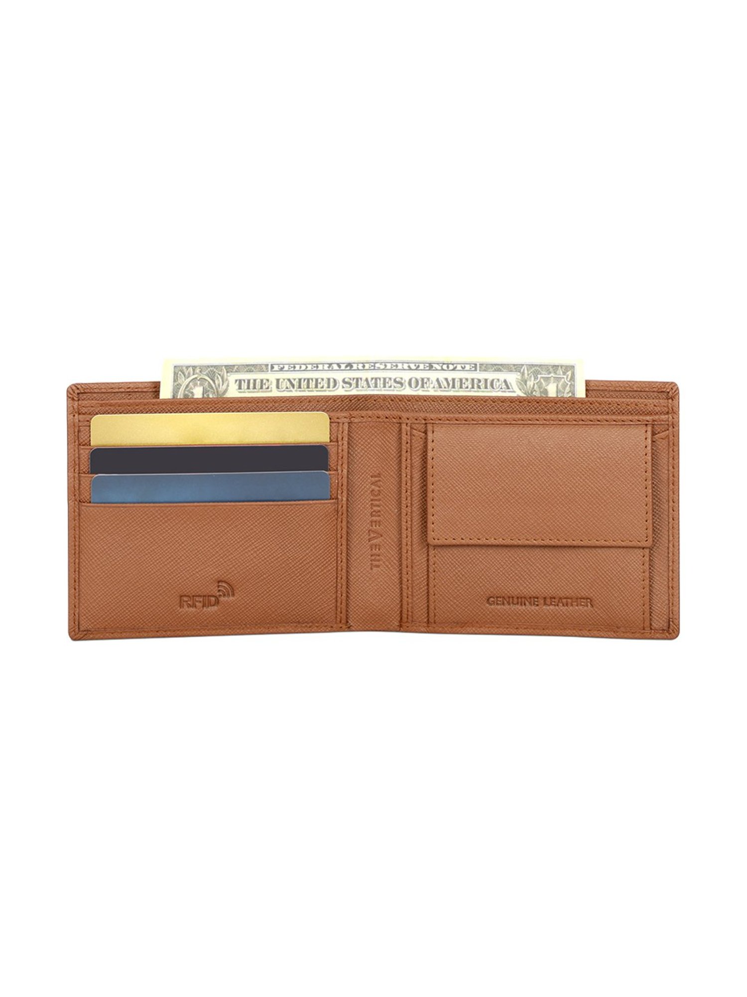 The Vertical Tan Textured Leather Bi-Fold Wallet for Men