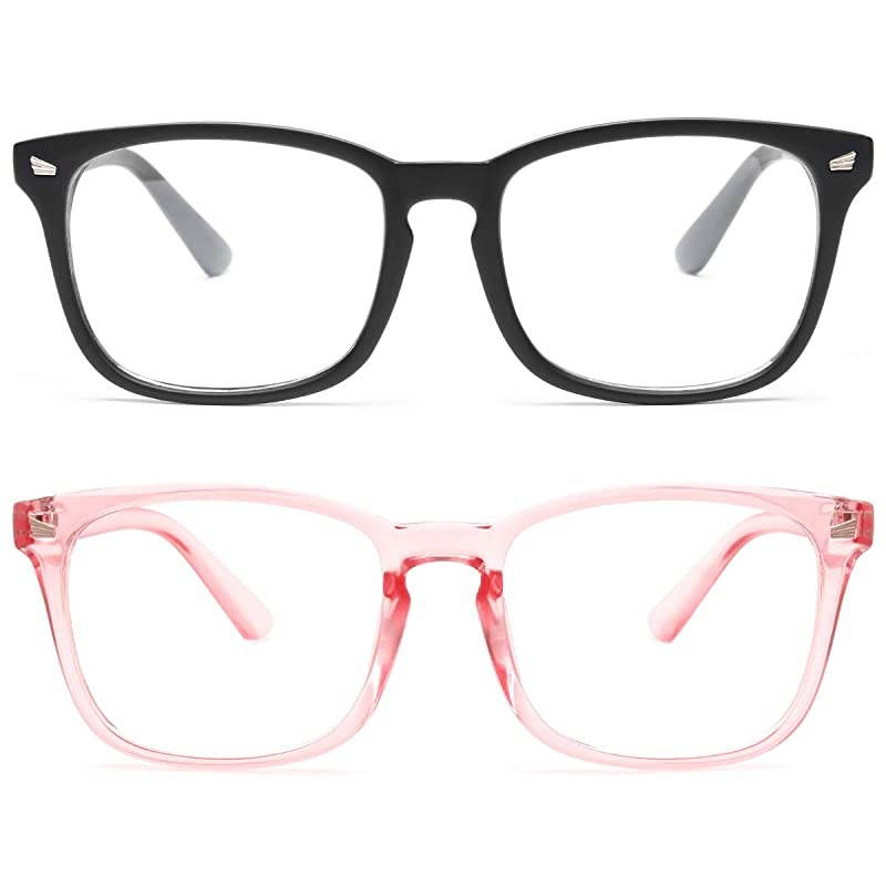 2 Pack Blue Light Blocking Glasses Computer ReadingGamingTVPhones Glasses for Women MenAnti Eyestrain UV Glare Matte Black+Clear Pink