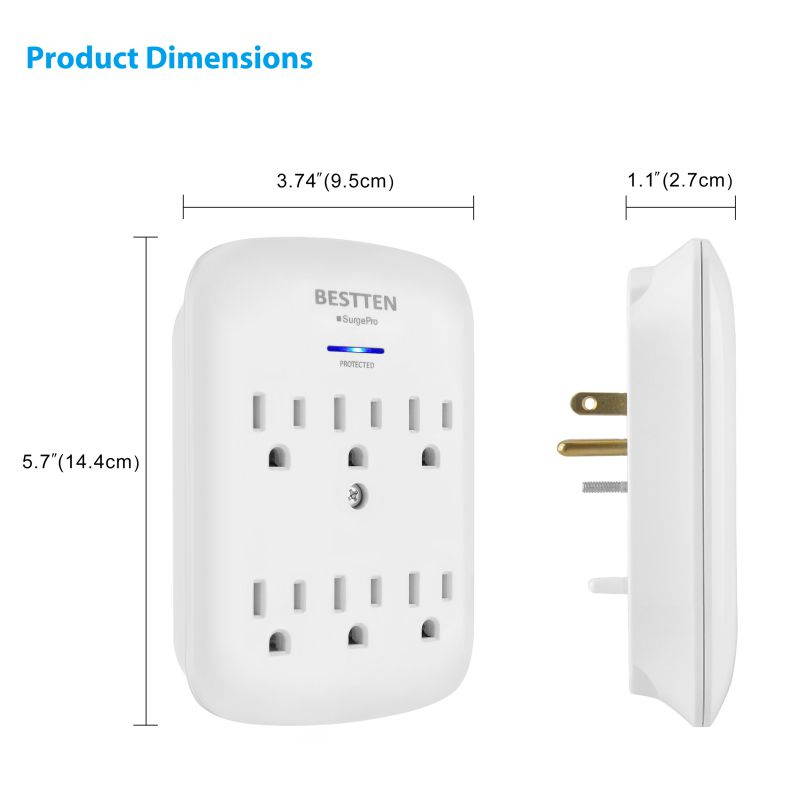 [4 Pack] BESTTEN 6-Outlet Grounded Wall Tap Adapter Outlet Extender with Blue Indicator, 300 Joule Surge Protector, ETL Certified, White