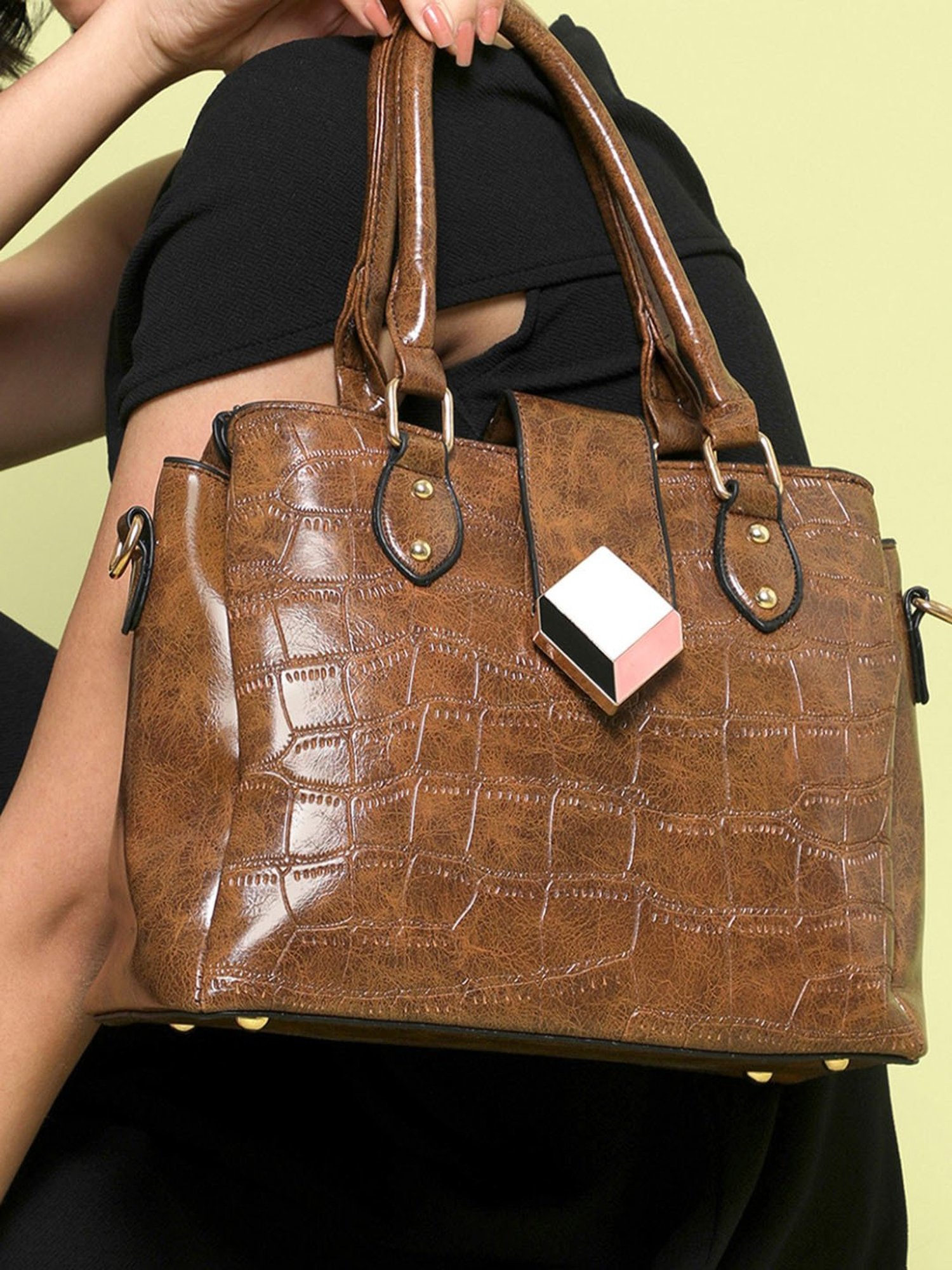 HauteSauce Brown Textured Medium Handheld Handbag