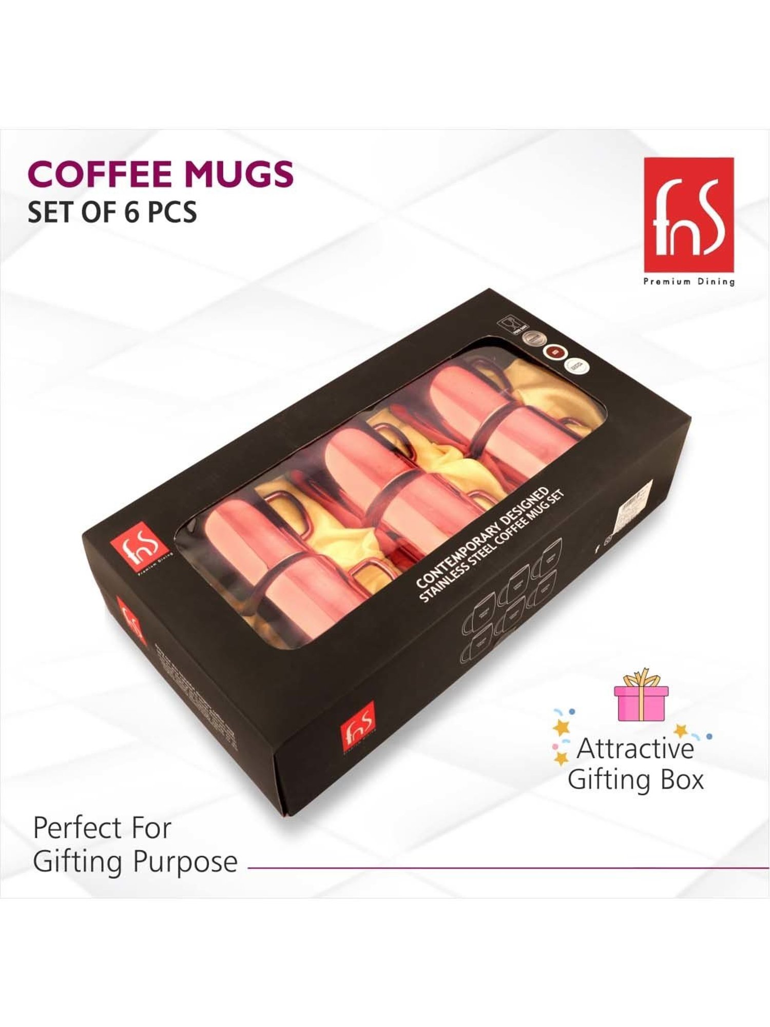 FnS Rose Gold Stainless Steel Coffee Mug (0.3 L) - Set of 6