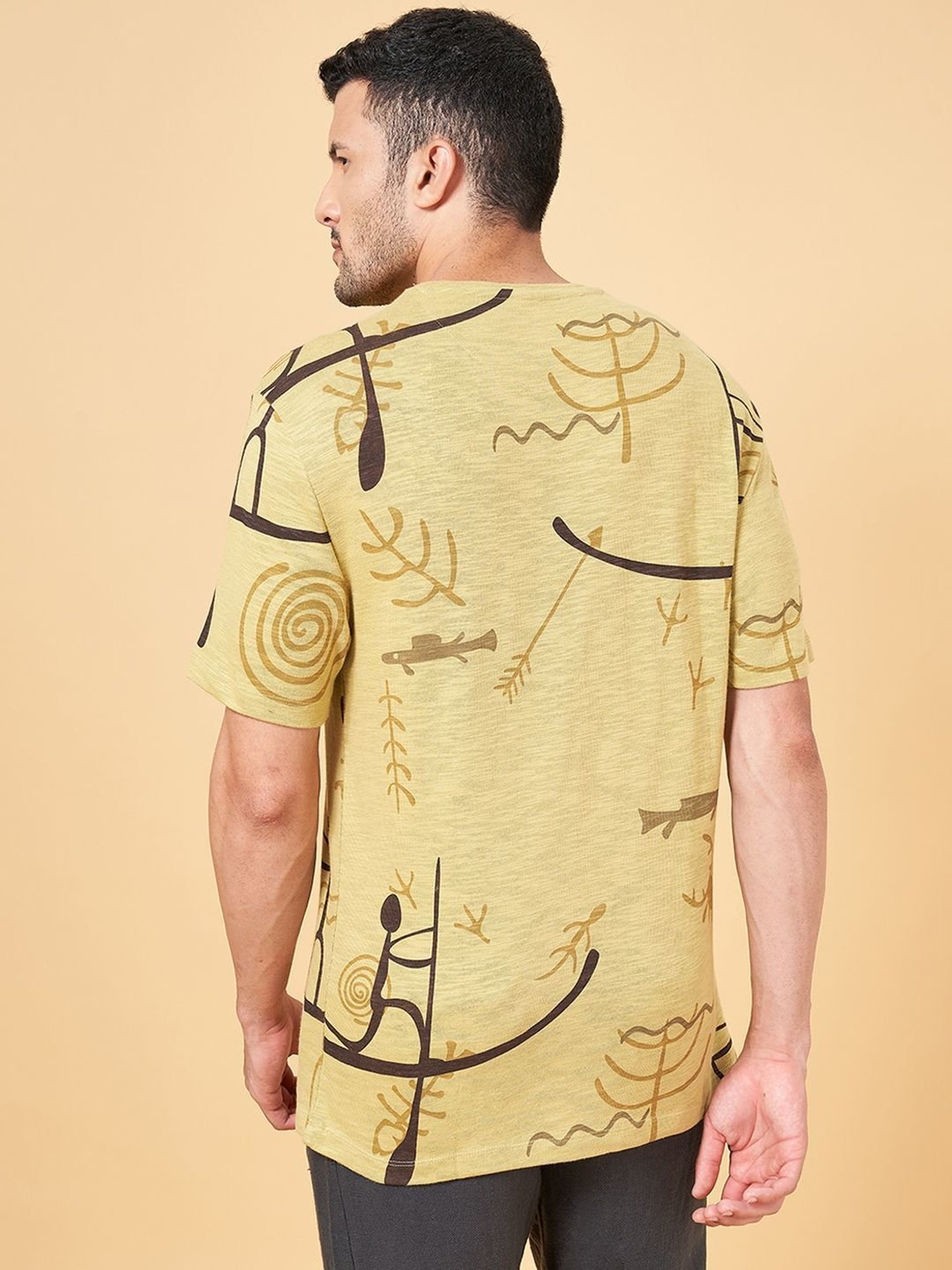 7 Alt By Pantaloons Olive Cotton Relaxed Fit Printed T-Shirt