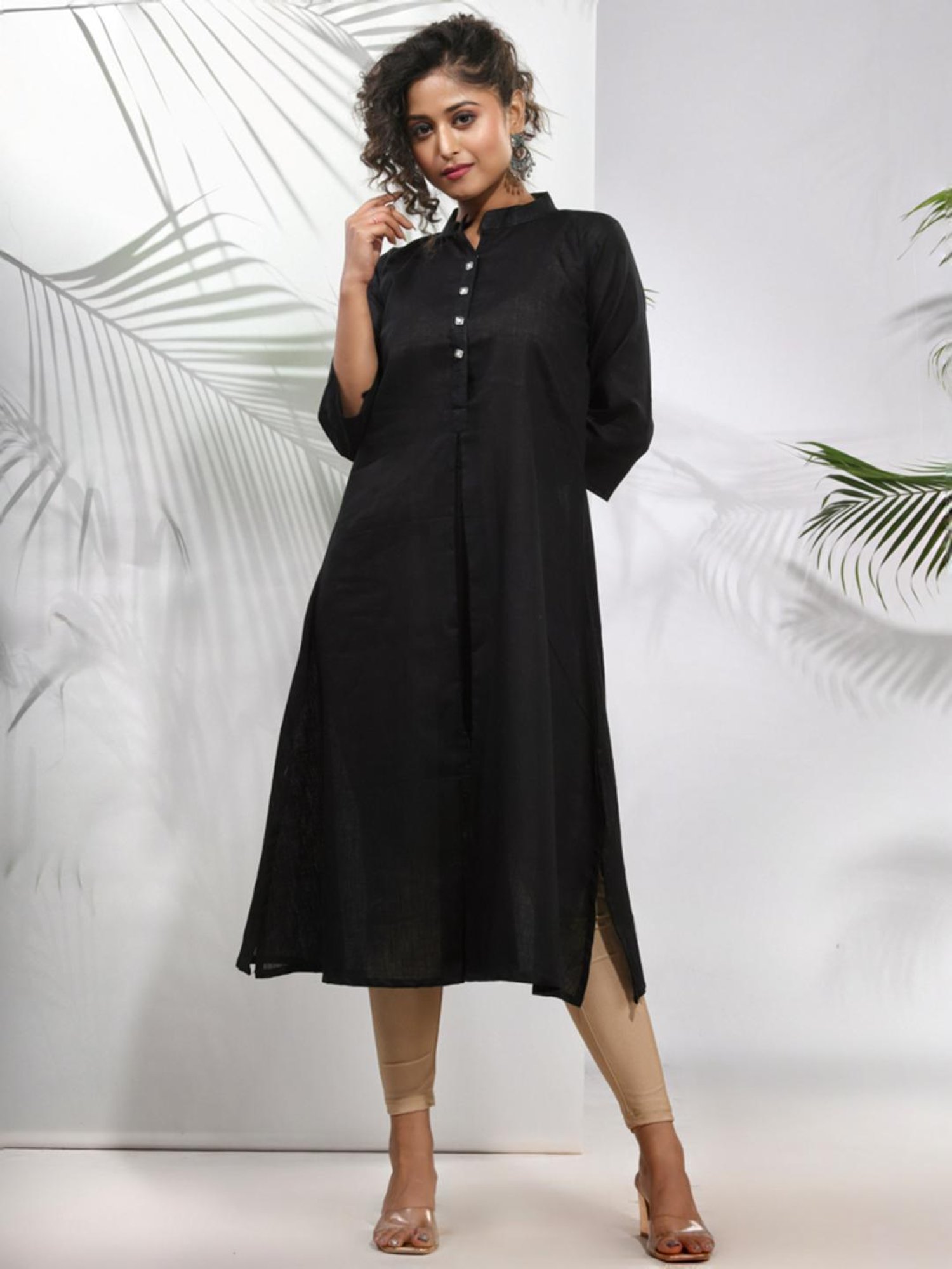 CHARUKRITI Black Cotton Woven Pattern A Line Kurta