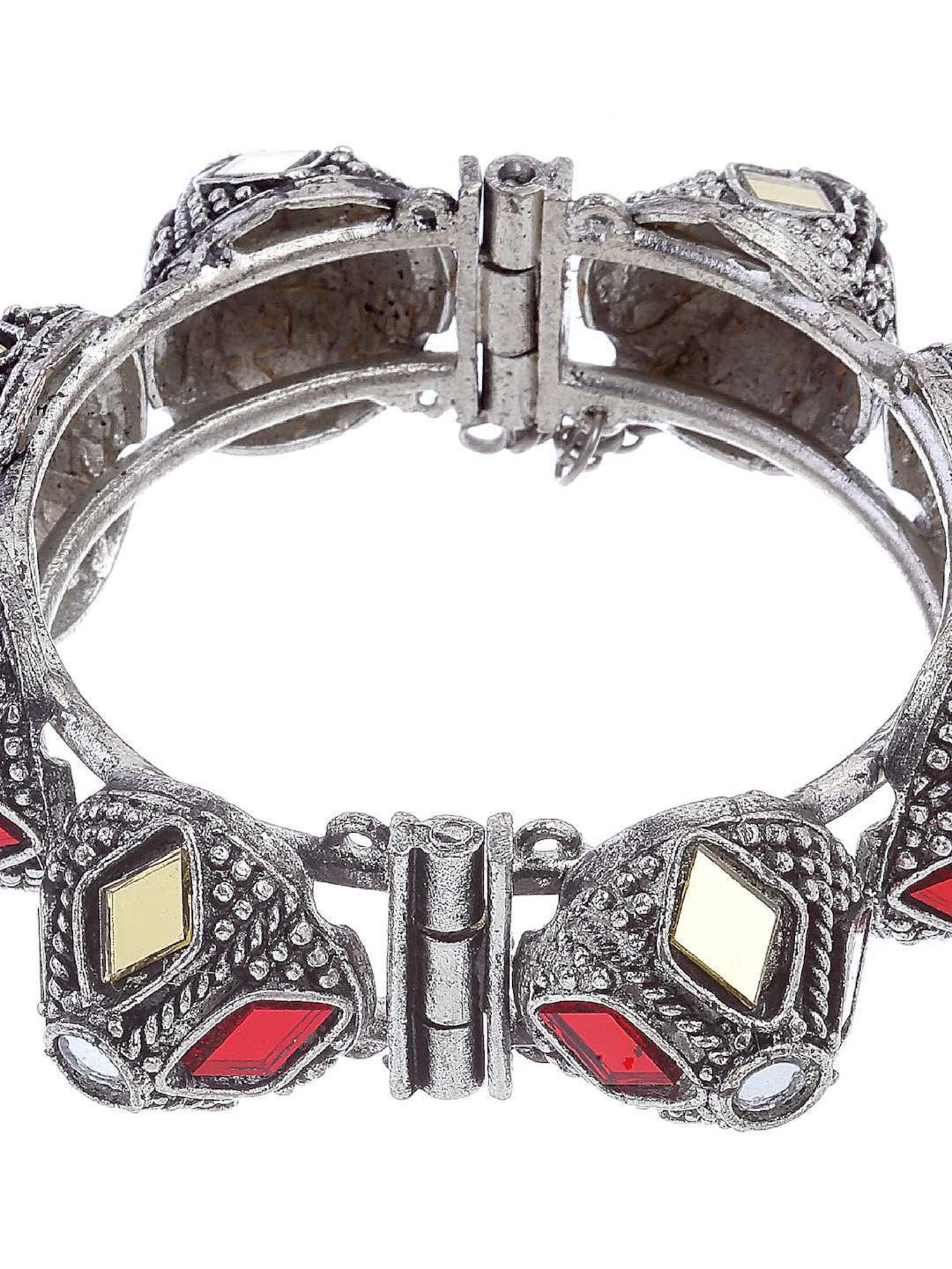 Moedbuille Mirrors Studded Tribal Afghan Design Oxidised Silver Plated Handcrafted Cuff Bracelet