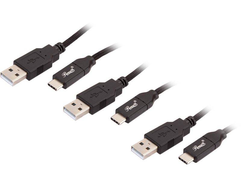 Rosewill RCUC-20003 Braided USB A to USB C 2.0 Cable with Power Delivery, 3-pack, 3 Feet, 6 Feet, 10 Feet, Black