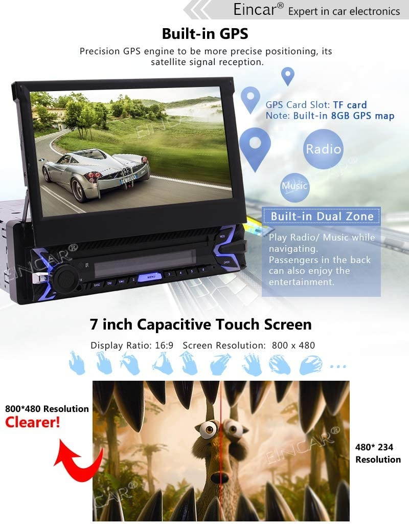 EinCar 7" Anti-Theft Detachable Front Panel Single Din Car Stereo in-Dash with HD 800480 Capacitive Touch Screen GPS Navigation NO-CD/DVD AM FM Radio Bluetooth USB/TF/AUX Built-in Bluetooth + Wire